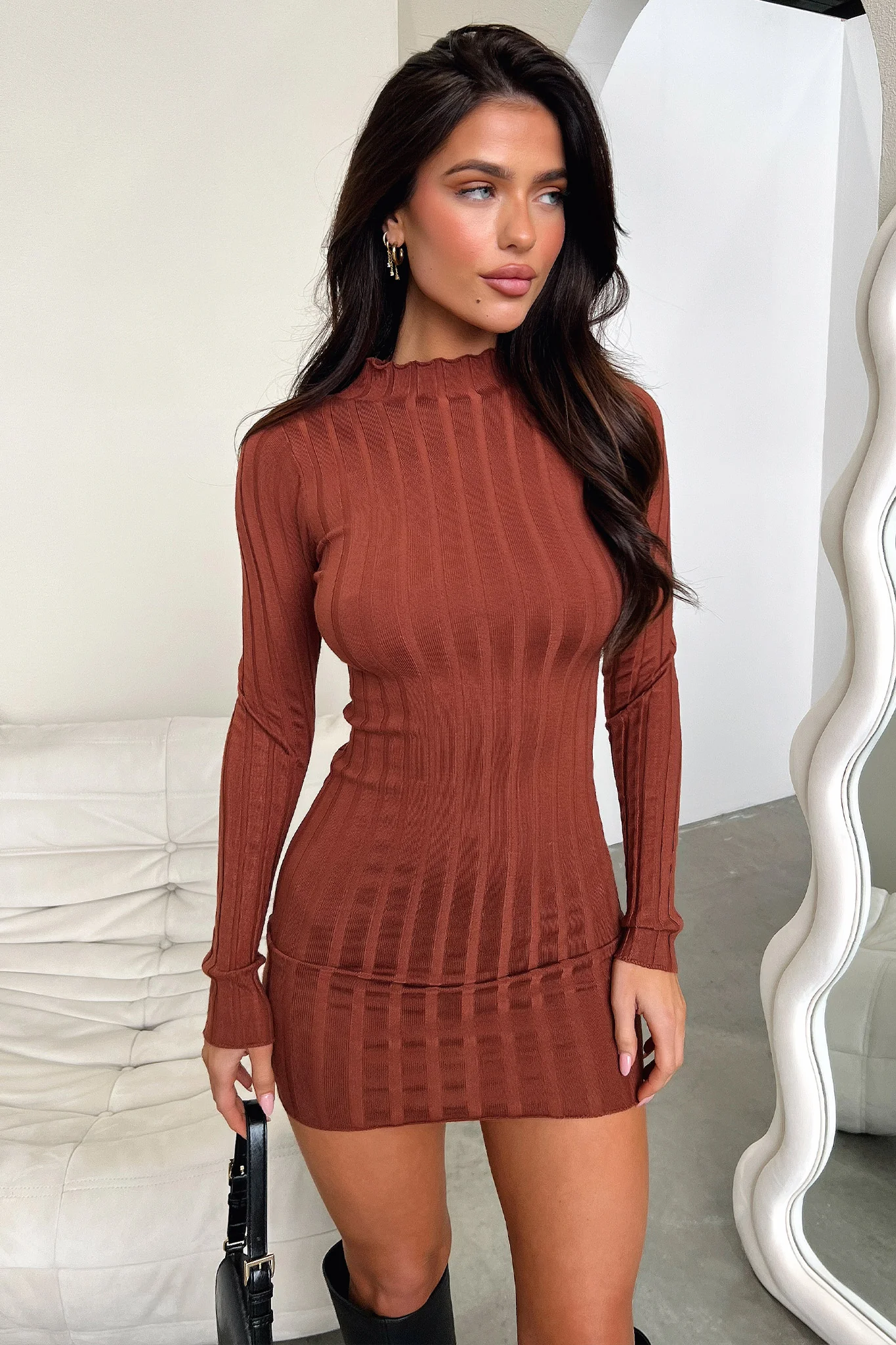Emily Long Sleeve Turtle Neck Dress - Brown - XNAUWBI