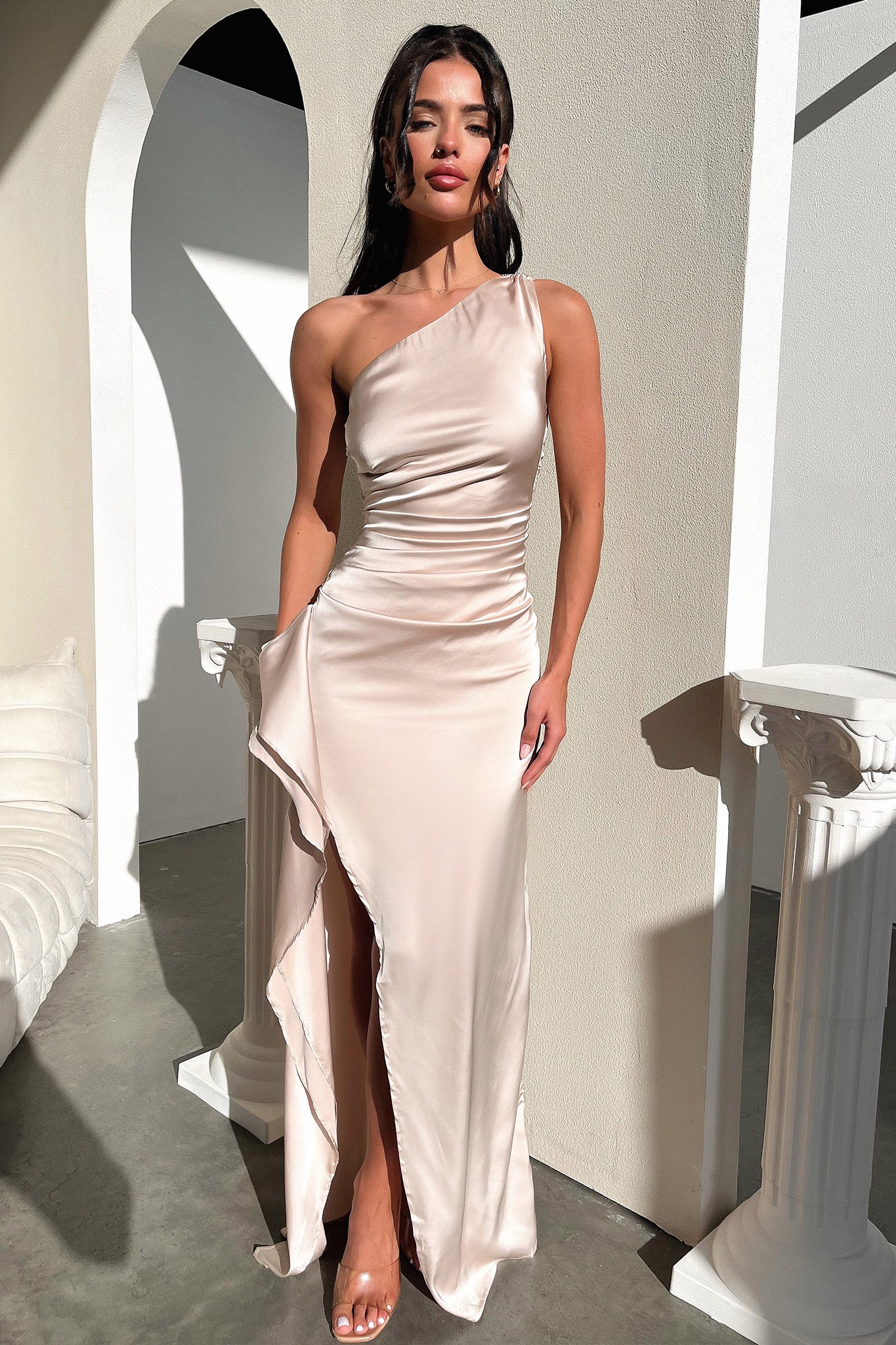 Elianna One Shoulder Satin Maxi Dress - Champagne - XNAUWBI
