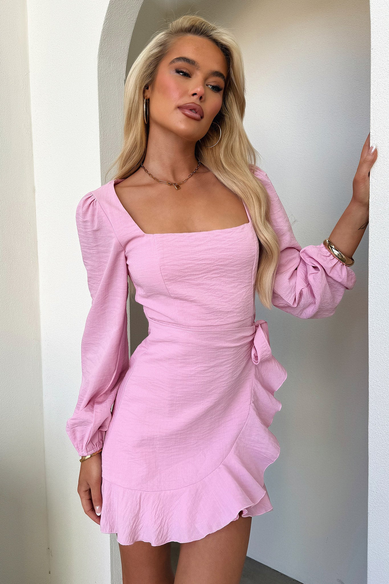 Silvana Long Sleeve Wrap Mini Dress - Pink - XNAUWBI
