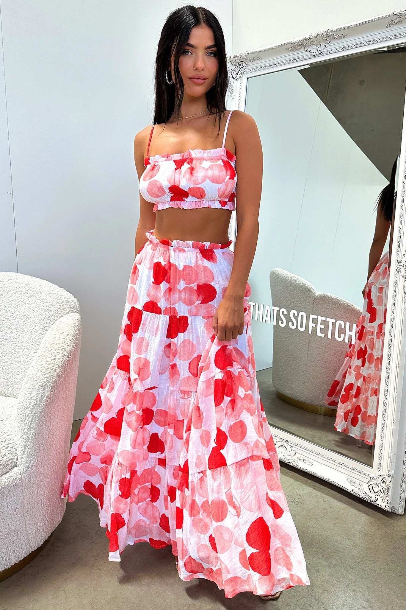 Selina Tiered Maxi Skirt - Red / White Print - XNAUWBI