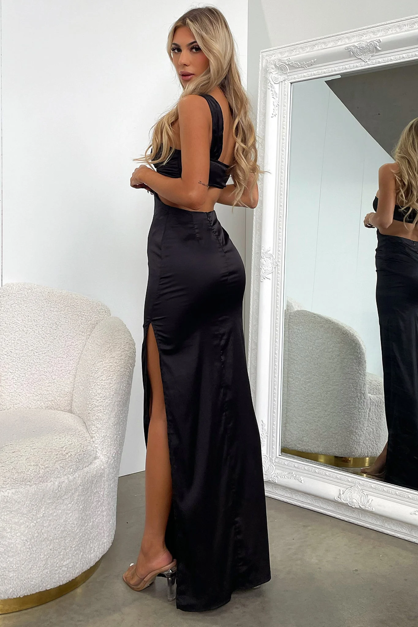 Alexia One Shoulder Satin Maxi Dress - Black - XNAUWBI