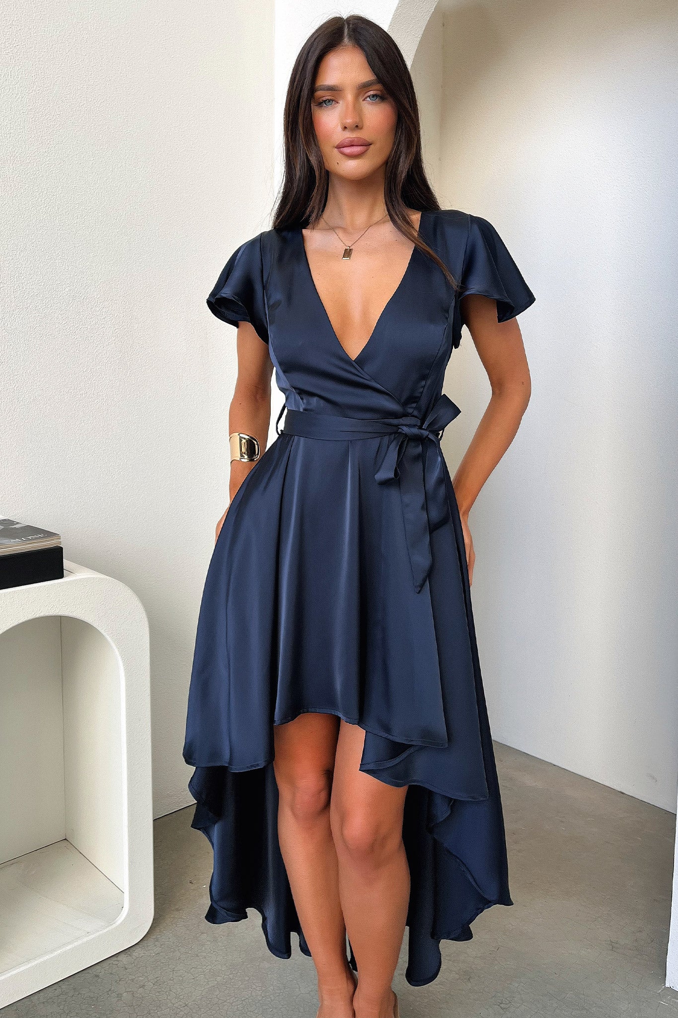 Amelia Satin Midi Dress - Navy - XNAUWBI
