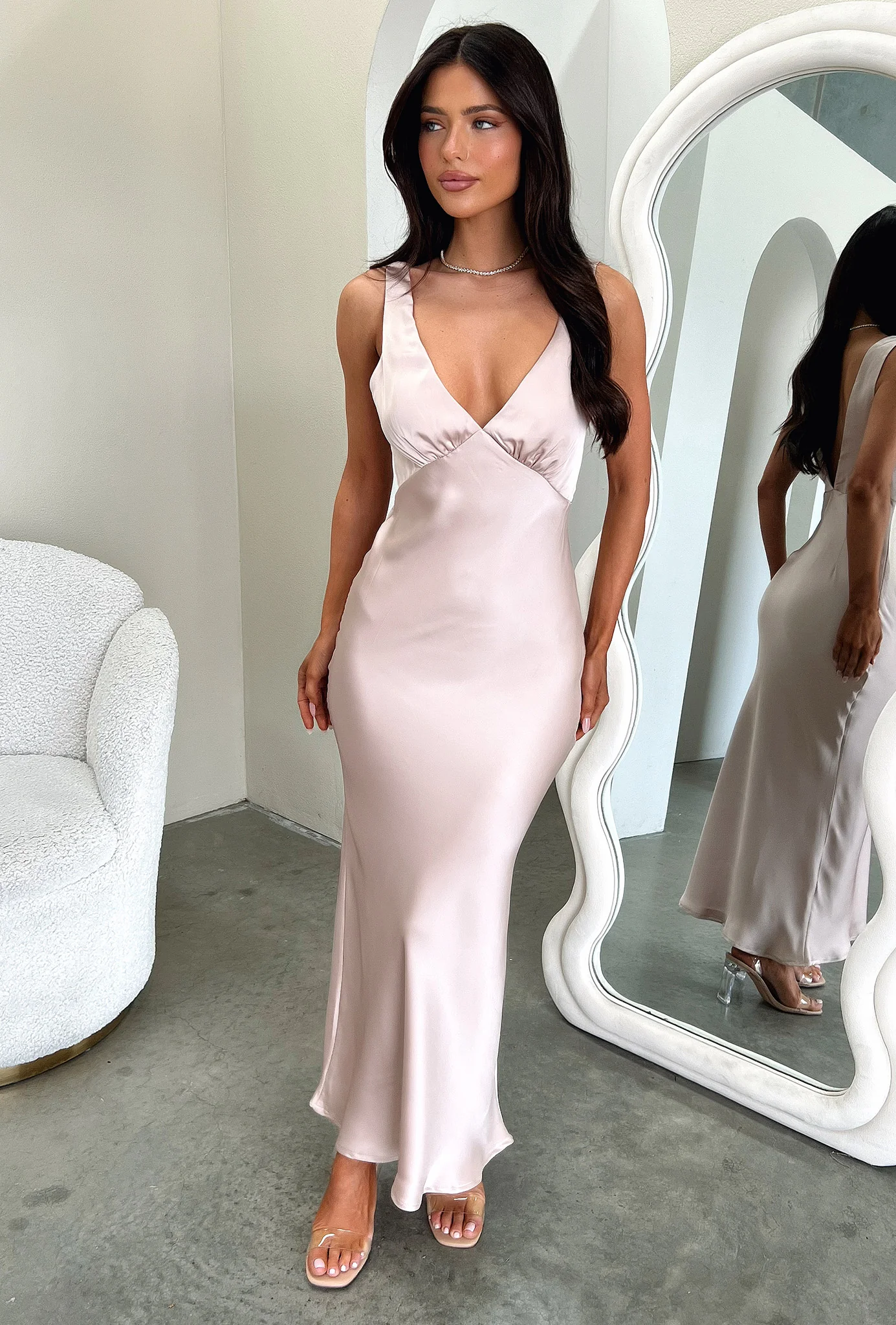 Delayne V-Neck Satin Midi Dress - Champagne - XNAUWBI