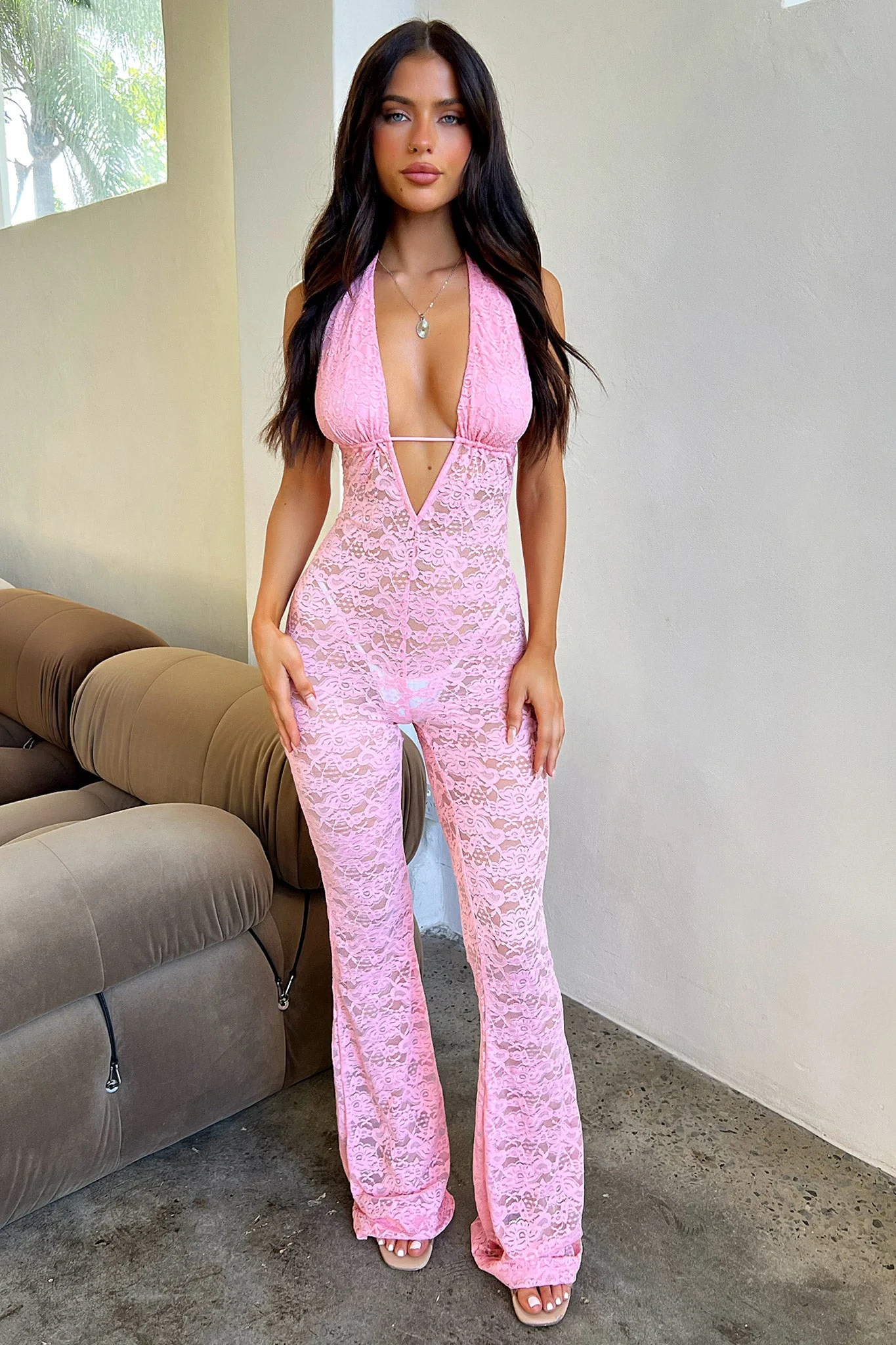 Nayla Lace Jumpsuit - Baby Pink - XNAUWBI