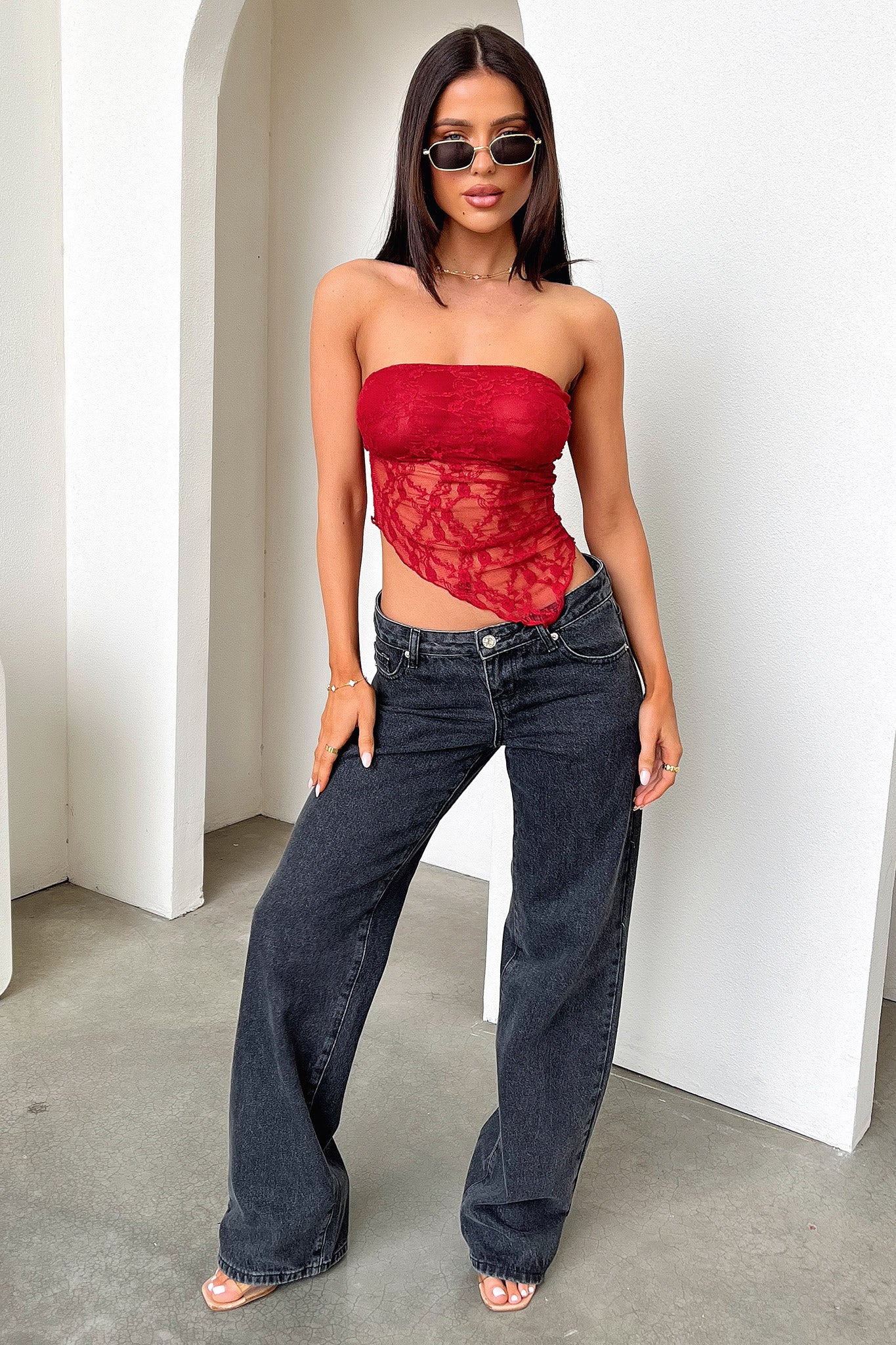 Maddison Lace Bandeau Top - Burgundy - XNAUWBI