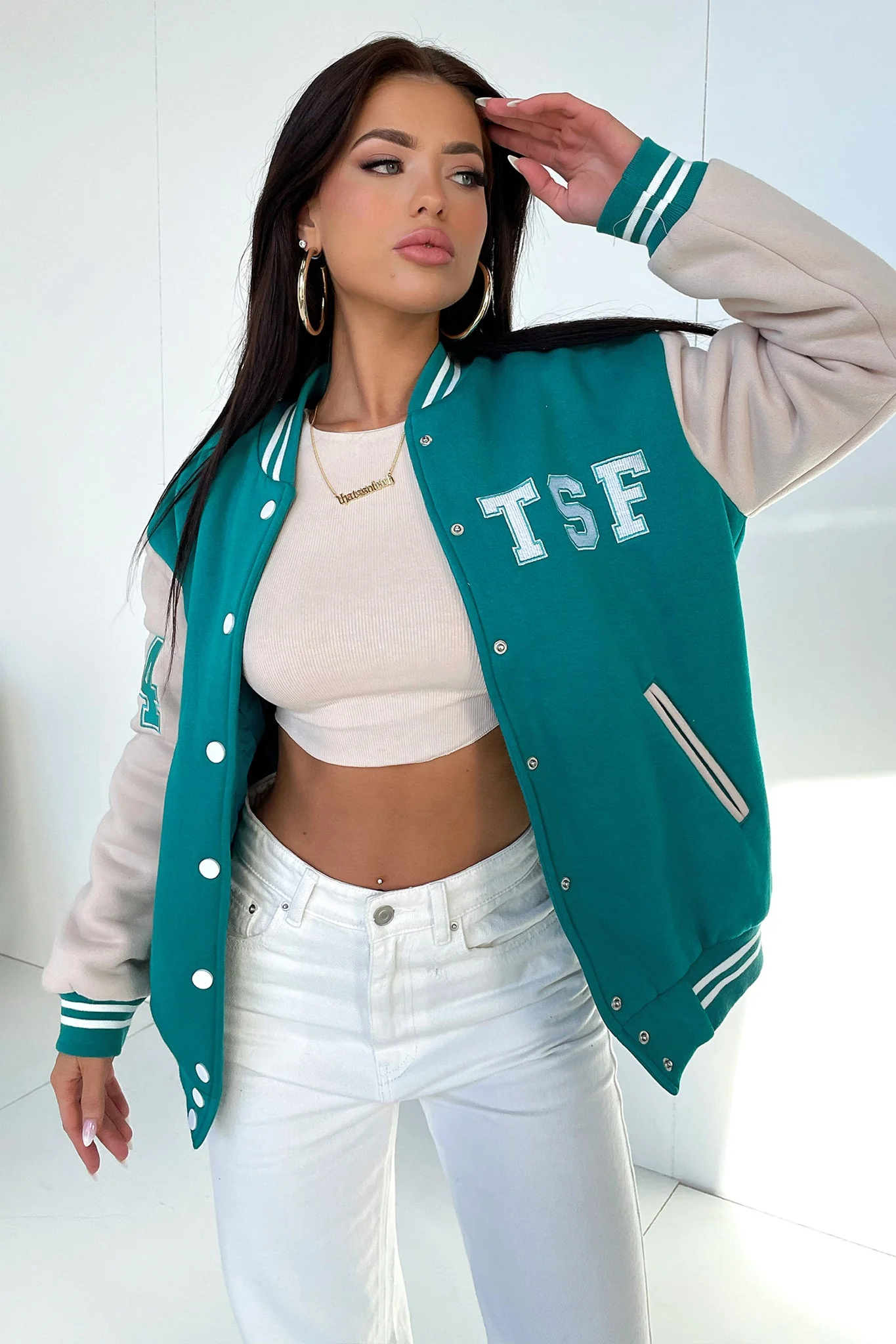 Varsity Oversized Jacket - Teal / Beige - XNAUWBI