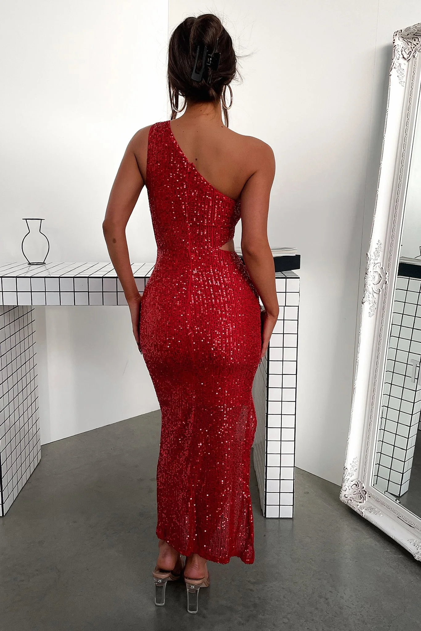 Dura One Shoulder Sequin Midi Dress - Red Sequin - XNAUWBI