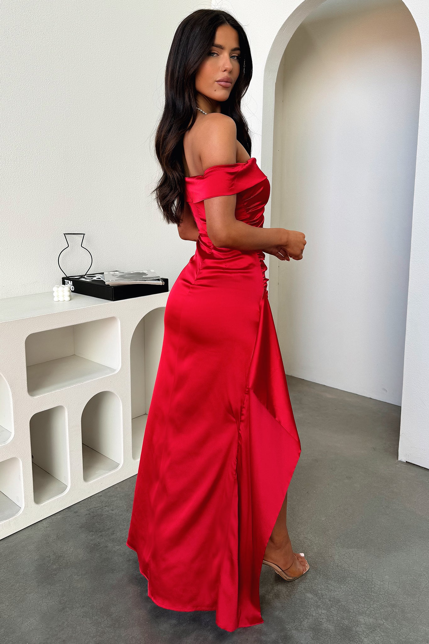 Saoirse Off Shoulder Satin Maxi Dress - Red - XNAUWBI