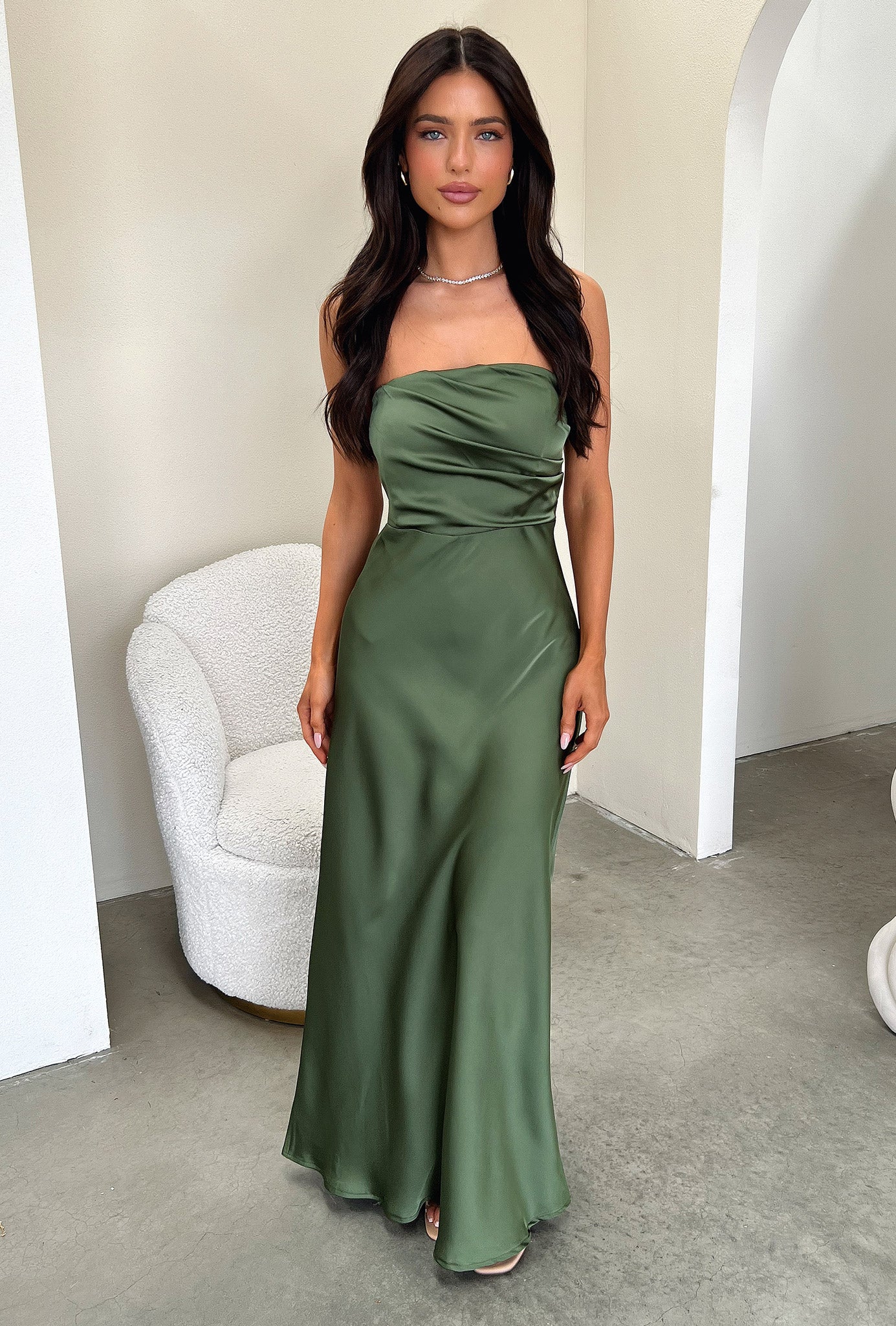 Elio Strapless Satin Maxi Dress - Olive - XNAUWBI
