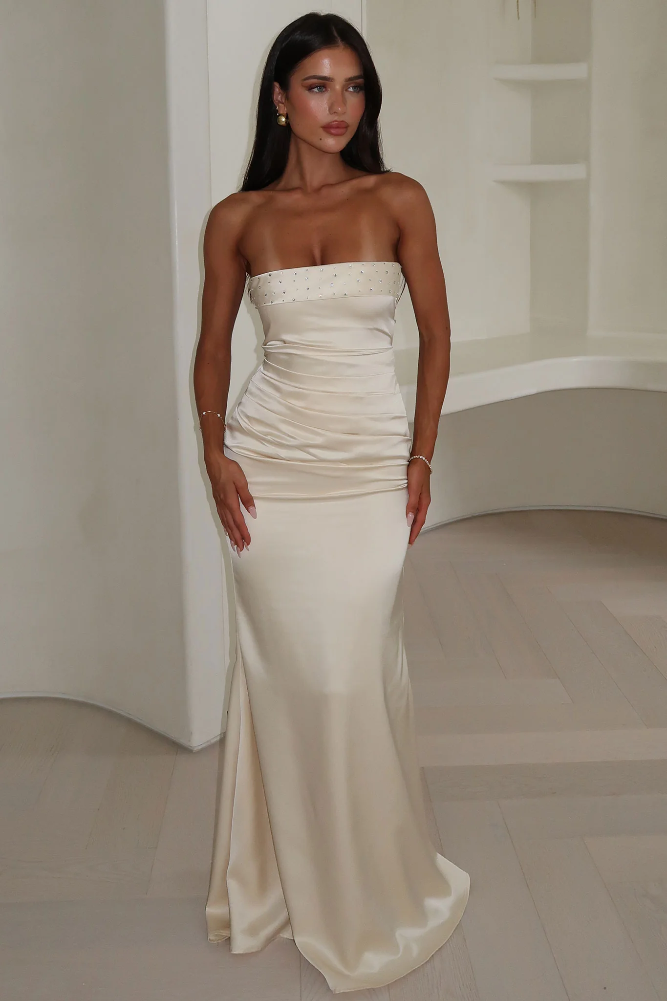 Ophelia Strapless Embellished Satin Maxi Dress - Champagne - XNAUWBI