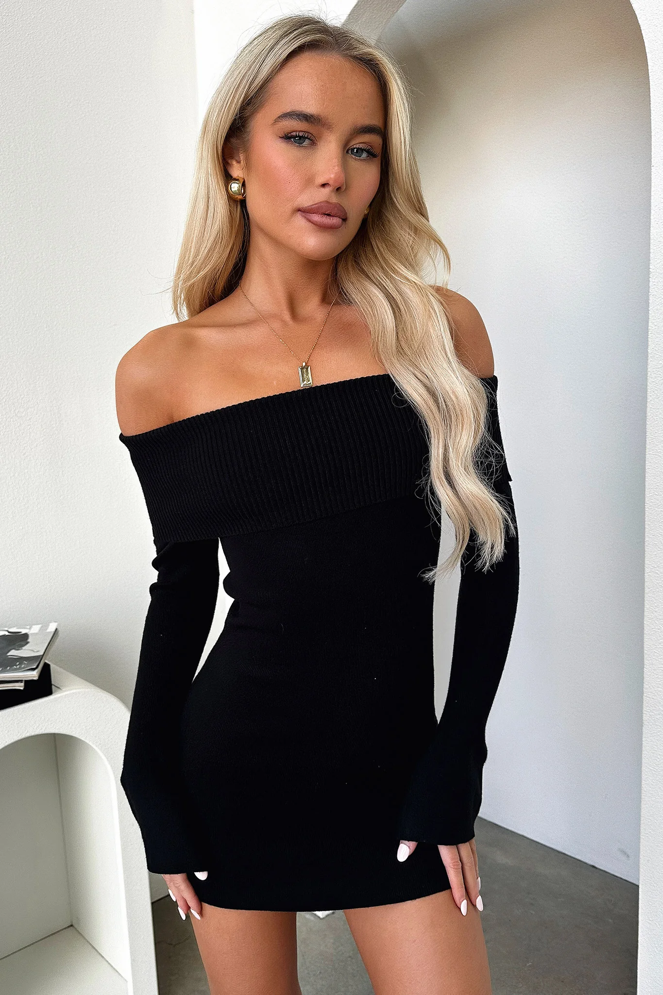 Aaliyah Off Shoulder Knit Mini Dress - Black - XNAUWBI