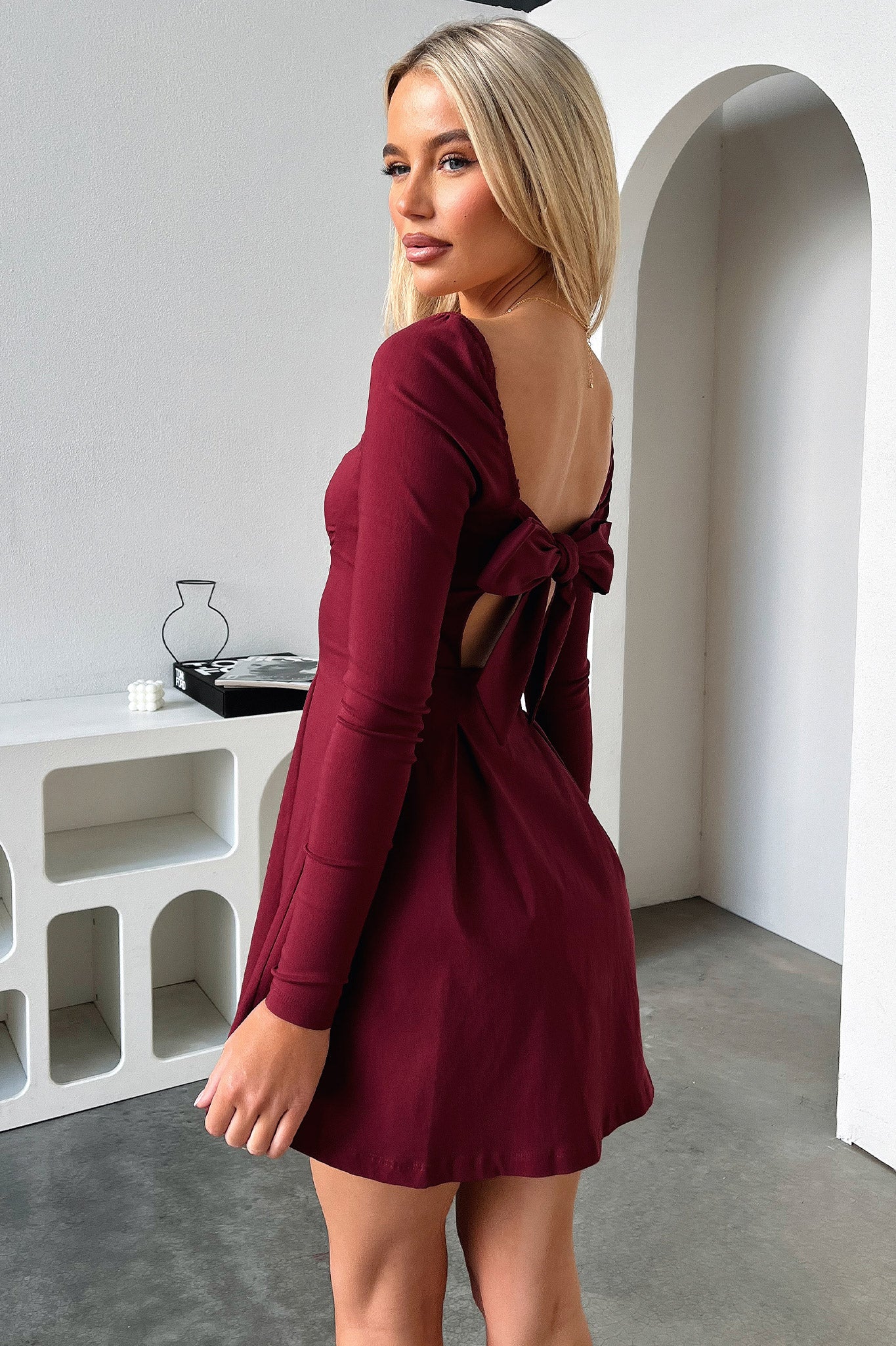 Tabitha Long Sleeve Mini Dress - Burgundy - XNAUWBI