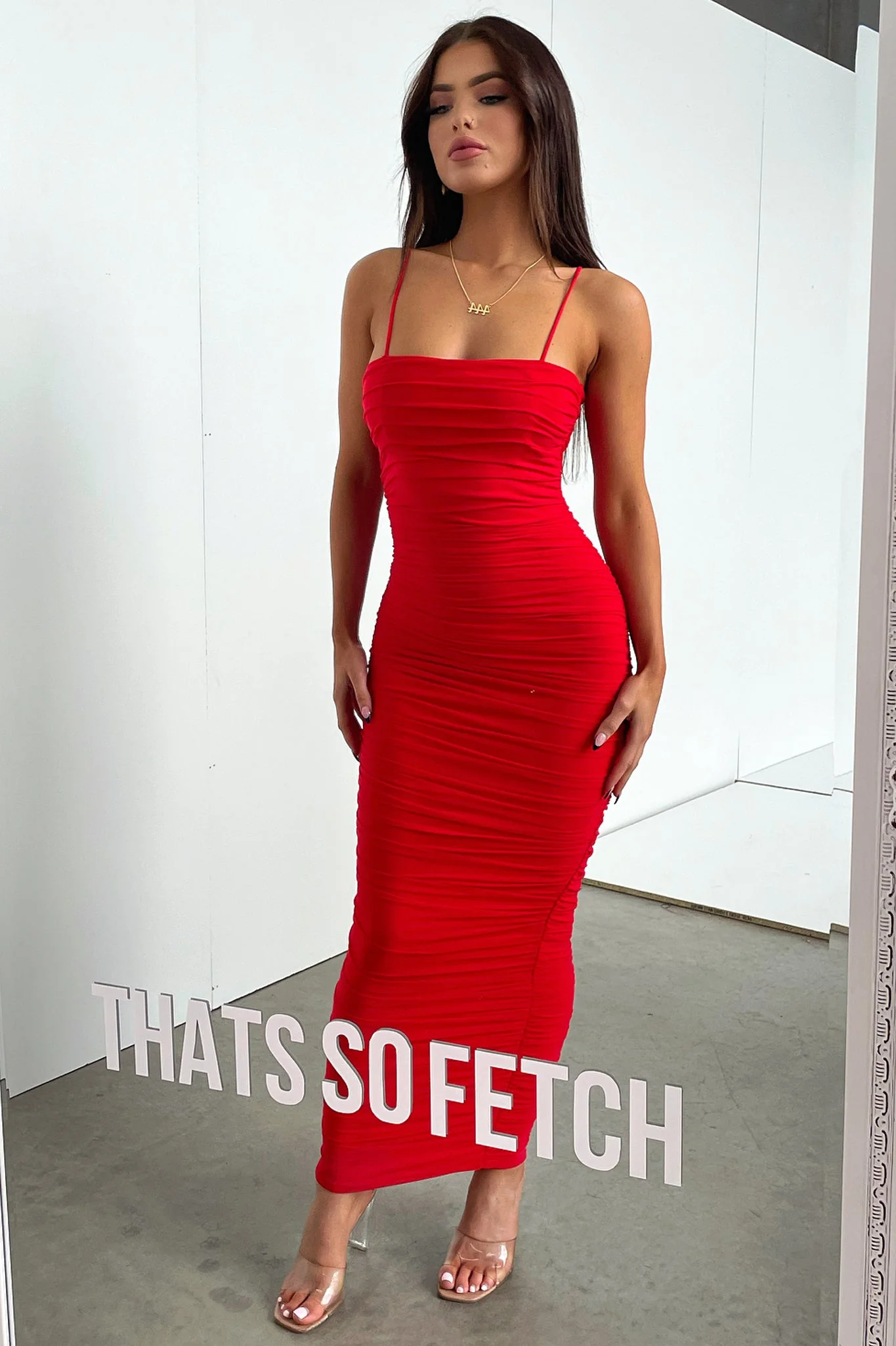 Zena Mesh Full Length Dress - Red - XNAUWBI