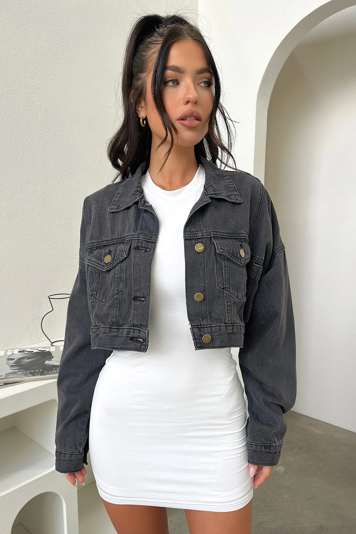 King Cropped Denim Jacket - Black Denim - XNAUWBI