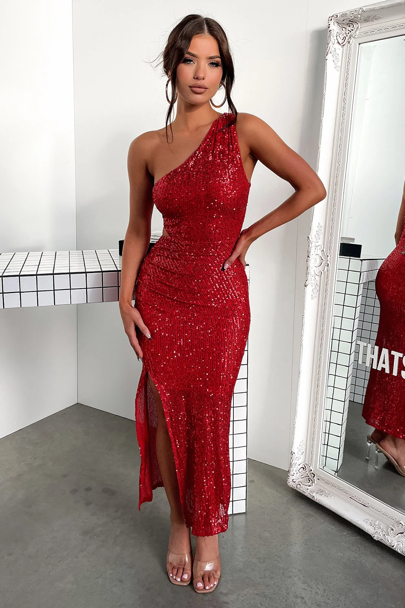 Dura One Shoulder Sequin Midi Dress - Red Sequin - XNAUWBI