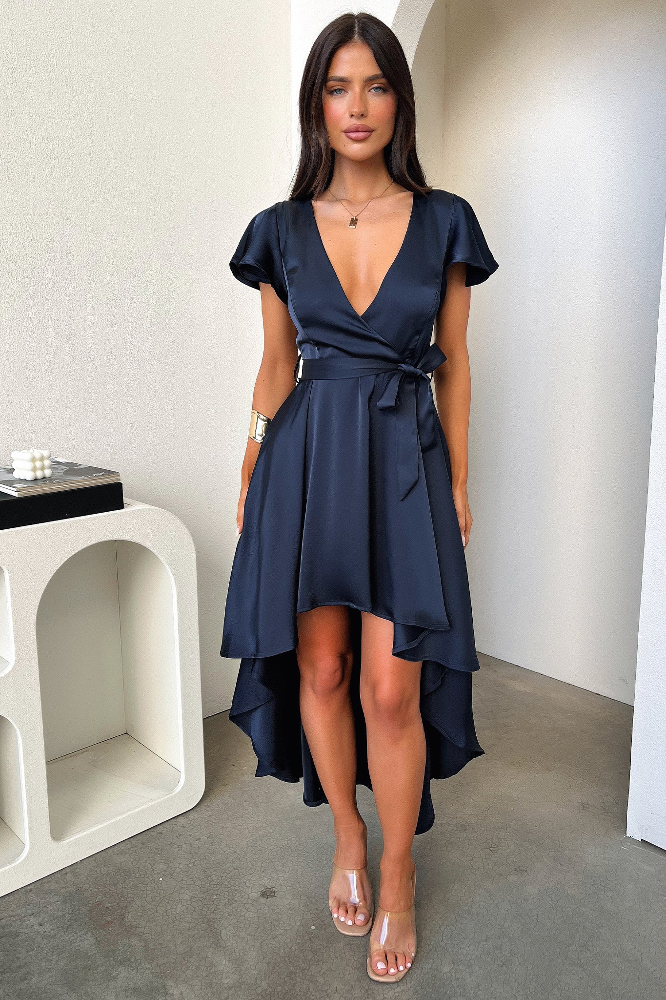 Amelia Satin Midi Dress - Navy - XNAUWBI