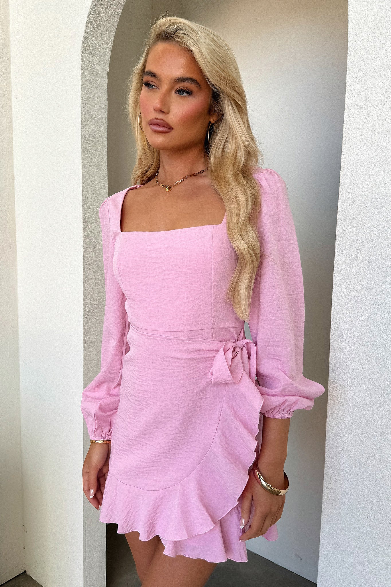 Silvana Long Sleeve Wrap Mini Dress - Pink - XNAUWBI
