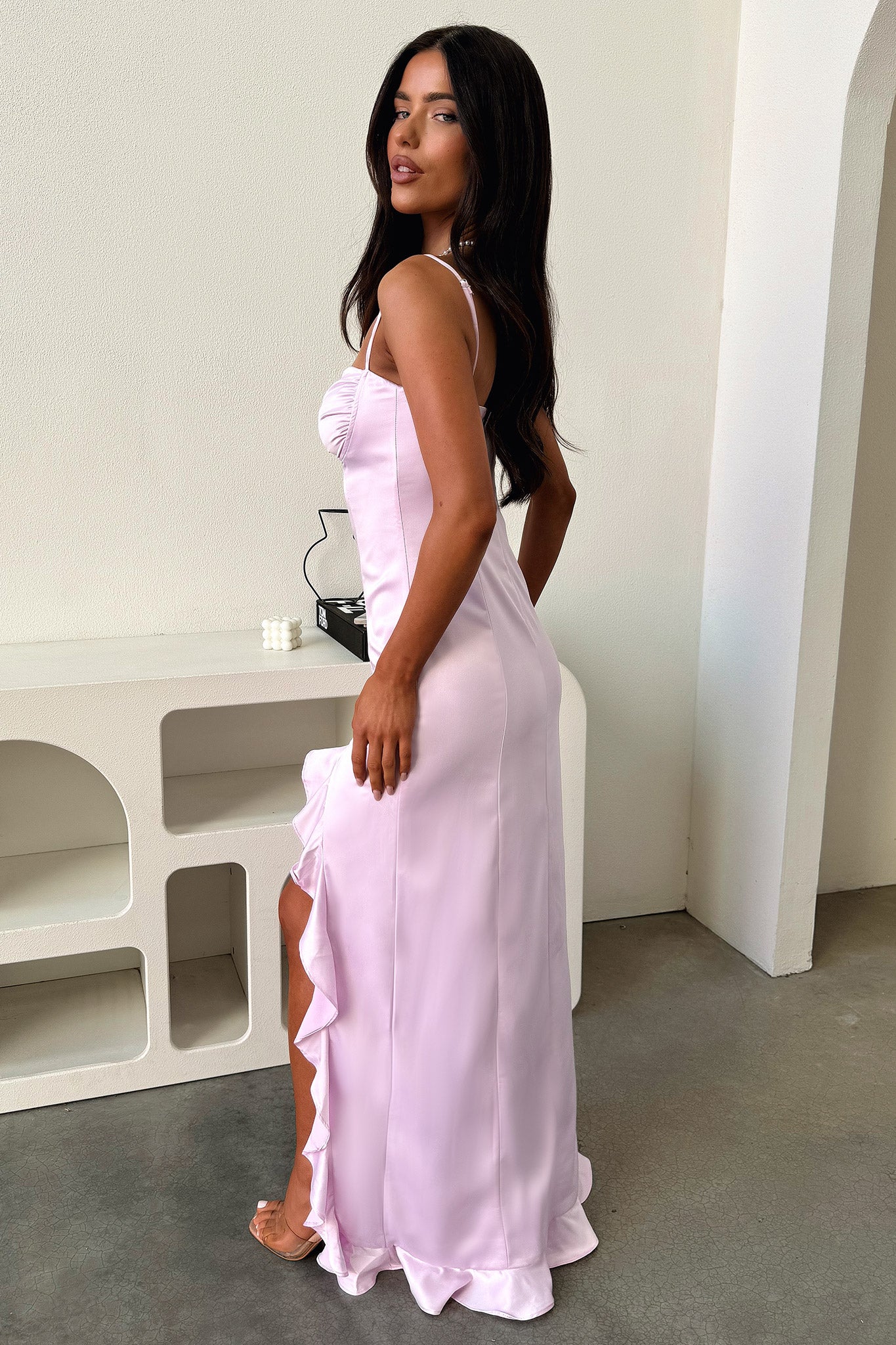 Lauren Ruffle Trim Satin Maxi Dress - Lilac - XNAUWBI