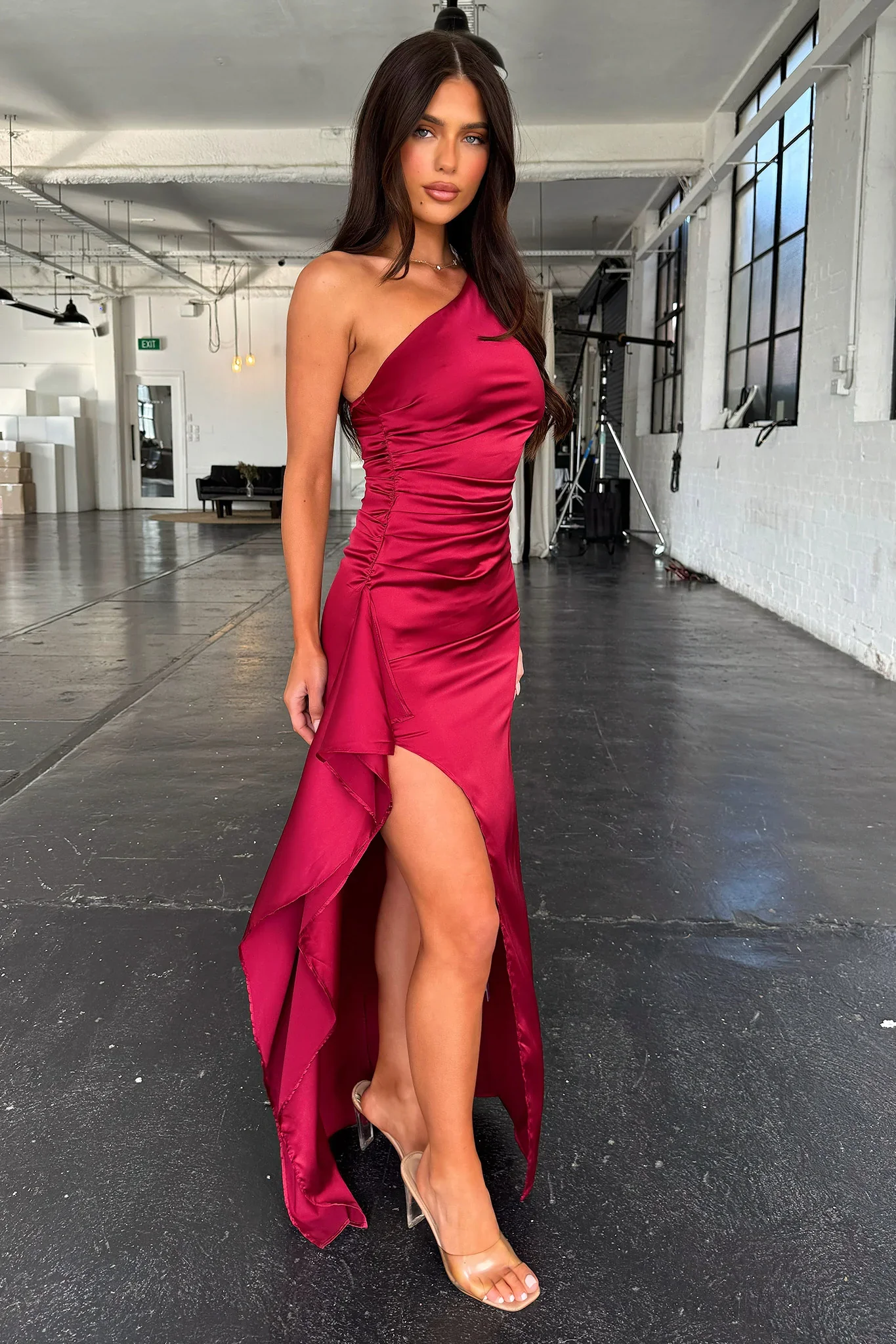 Elianna One Shoulder Satin Maxi Dress - Burgundy - XNAUWBI