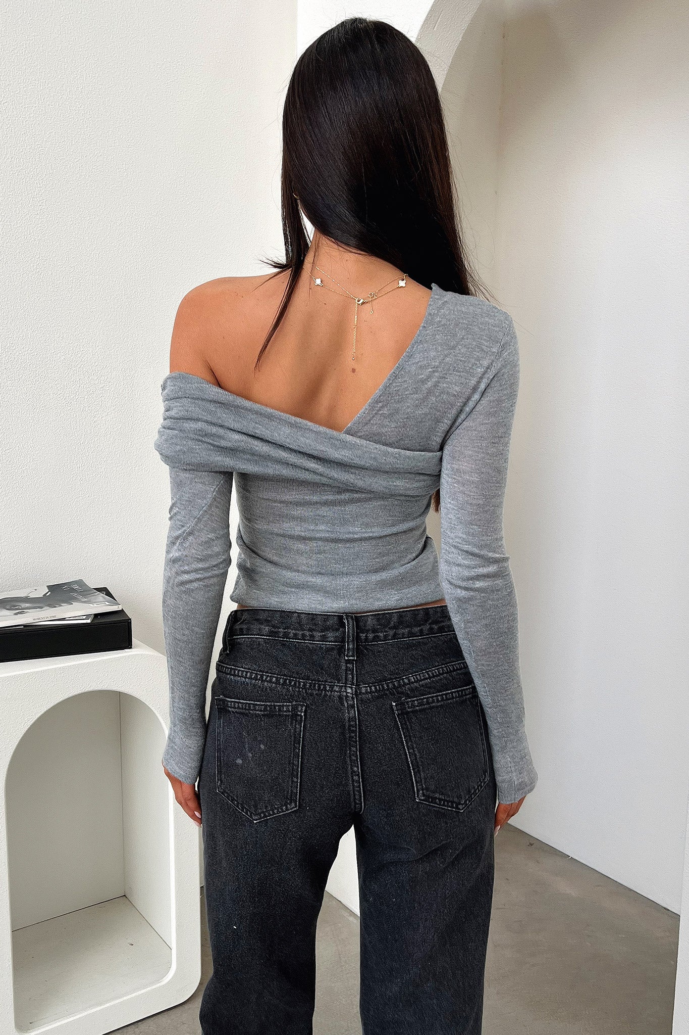 Rochelle Off Shoulder Long Sleeve Top - Grey - XNAUWBI
