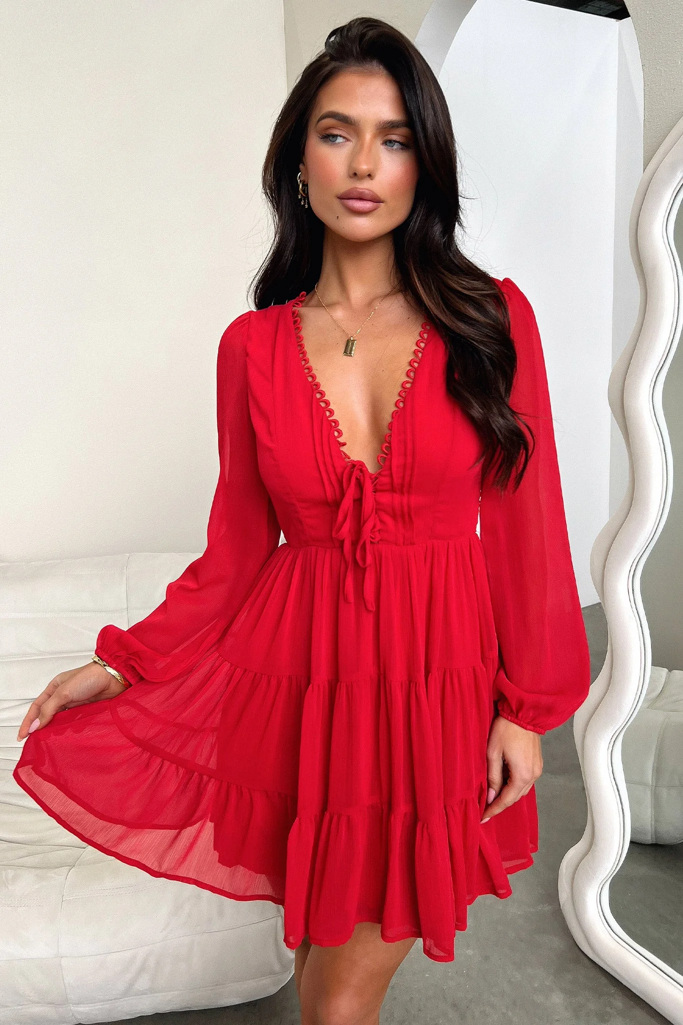 Lexie Long Sleeve Dress - Red - XNAUWBI
