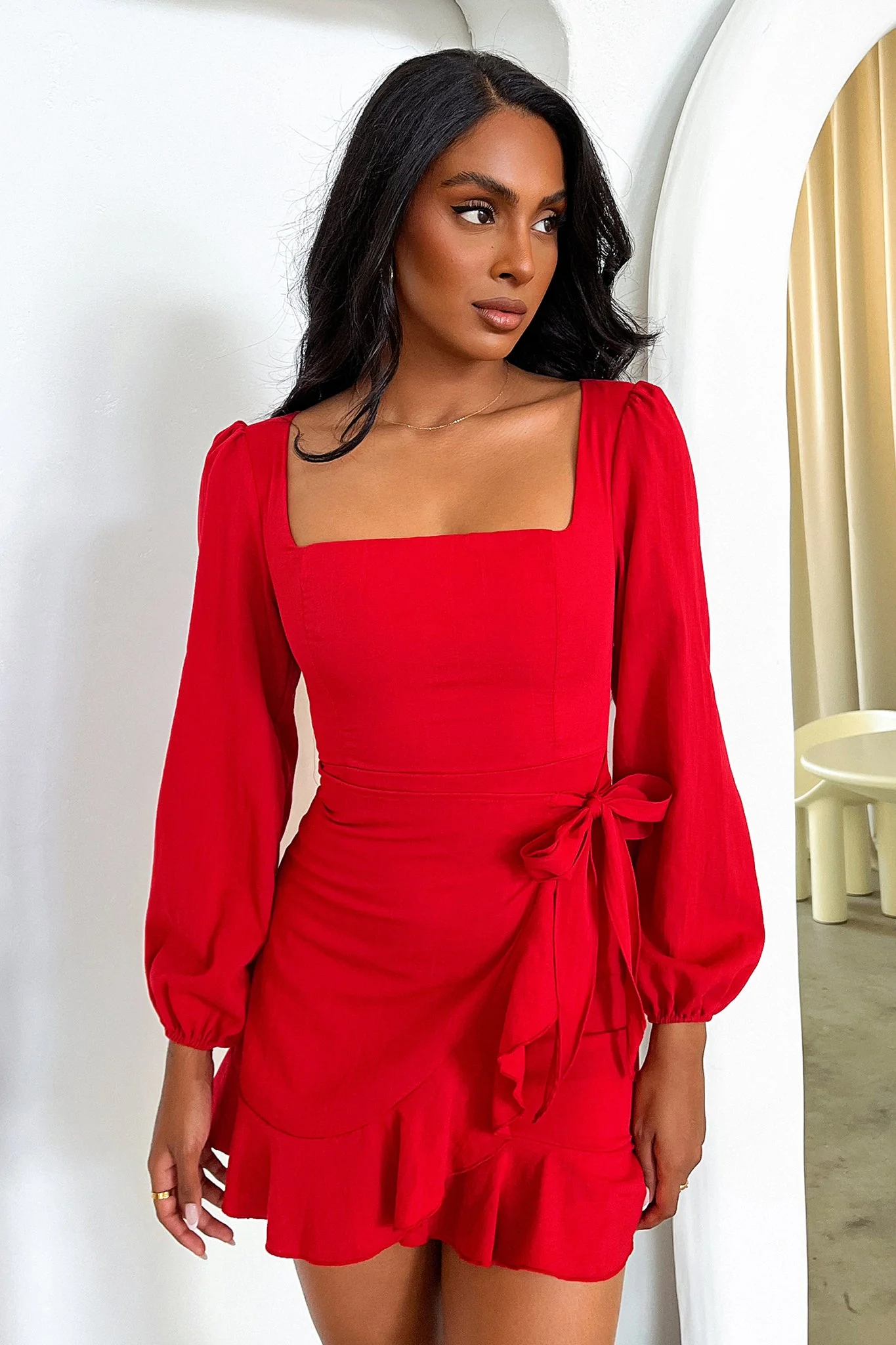 Silvana Long Sleeve Wrap Mini Dress - Red - XNAUWBI