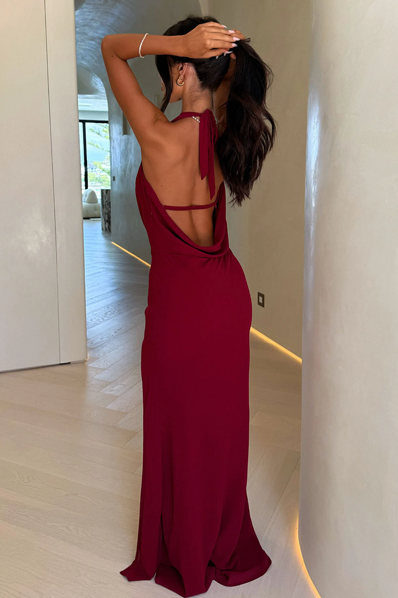 Amedeo Plunge Halter Neck Maxi Dress - Burgundy - XNAUWBI