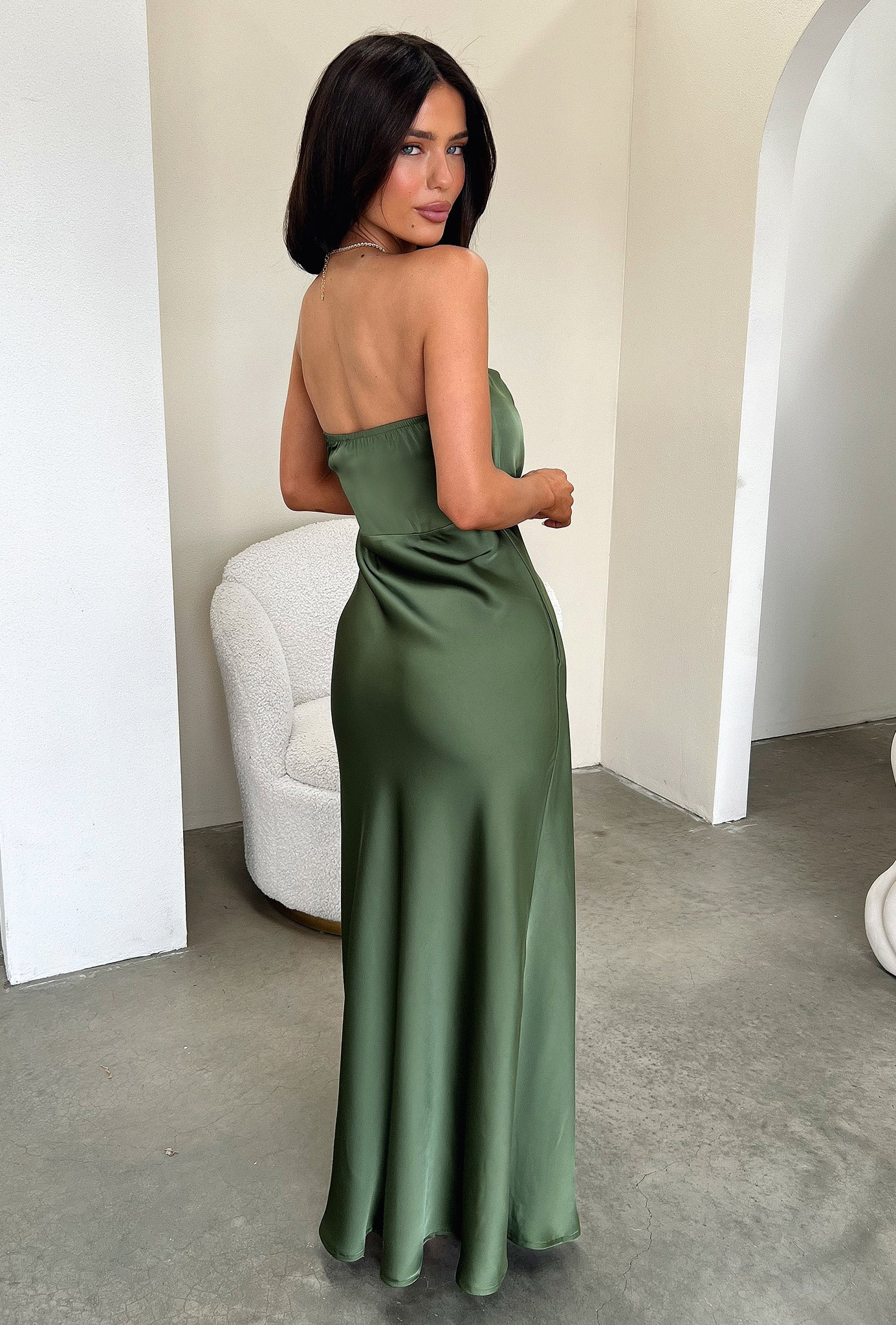 Elio Strapless Satin Maxi Dress - Olive - XNAUWBI