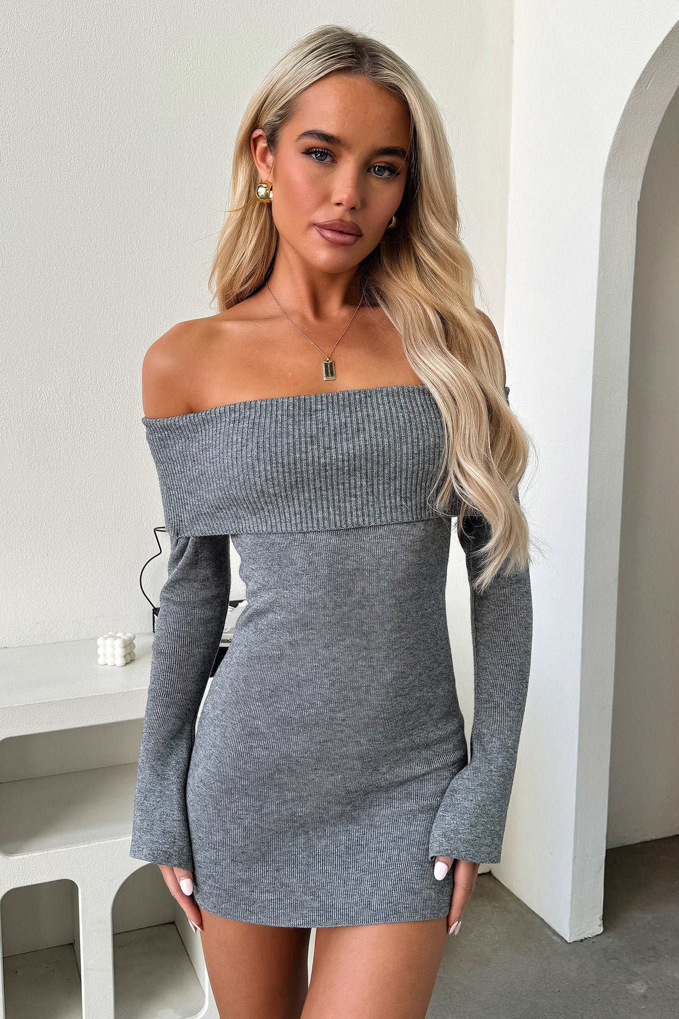 Aaliyah Off Shoulder Knit Mini Dress - Grey - XNAUWBI