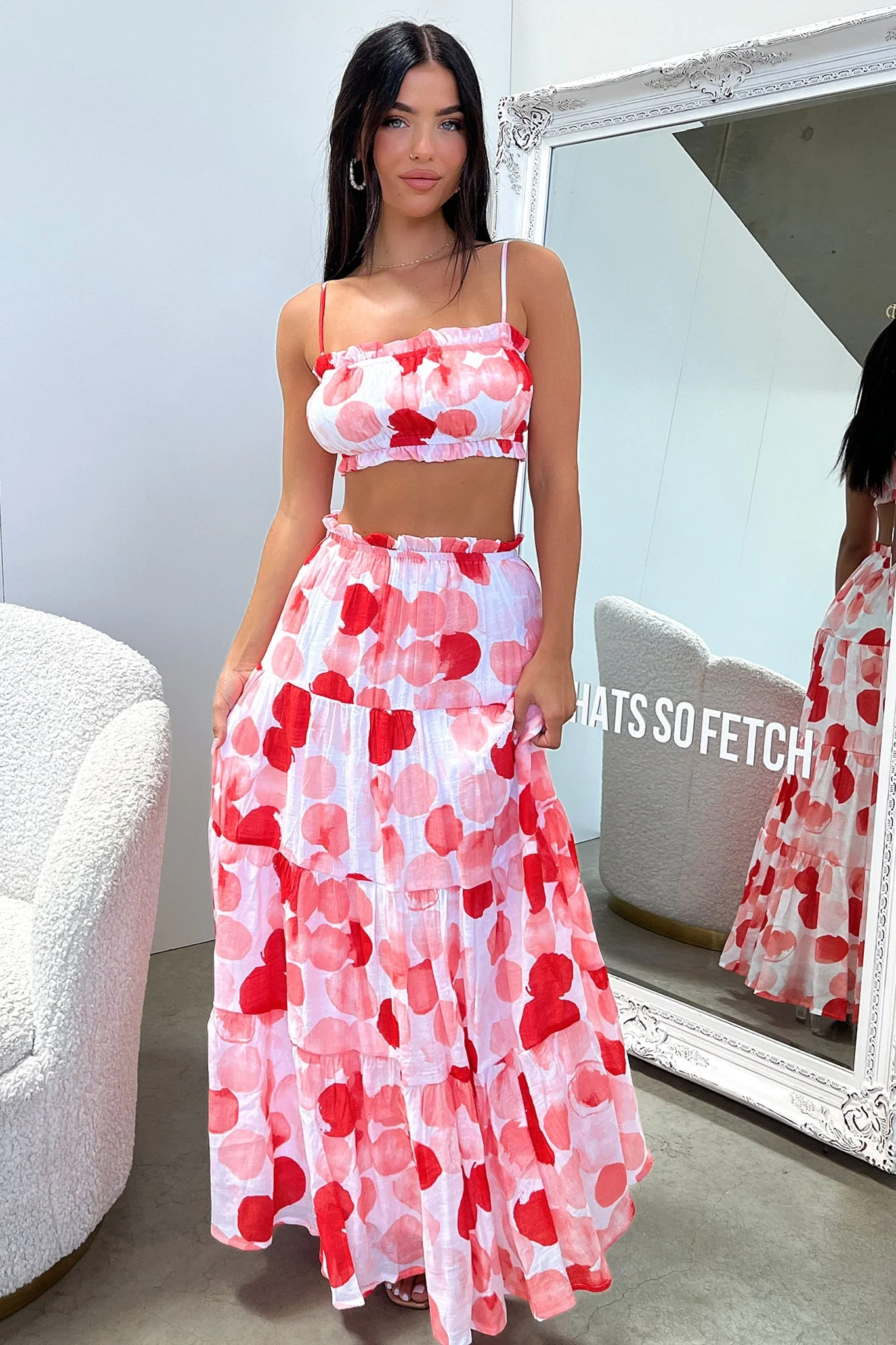 Selina Tiered Maxi Skirt - Red / White Print - XNAUWBI