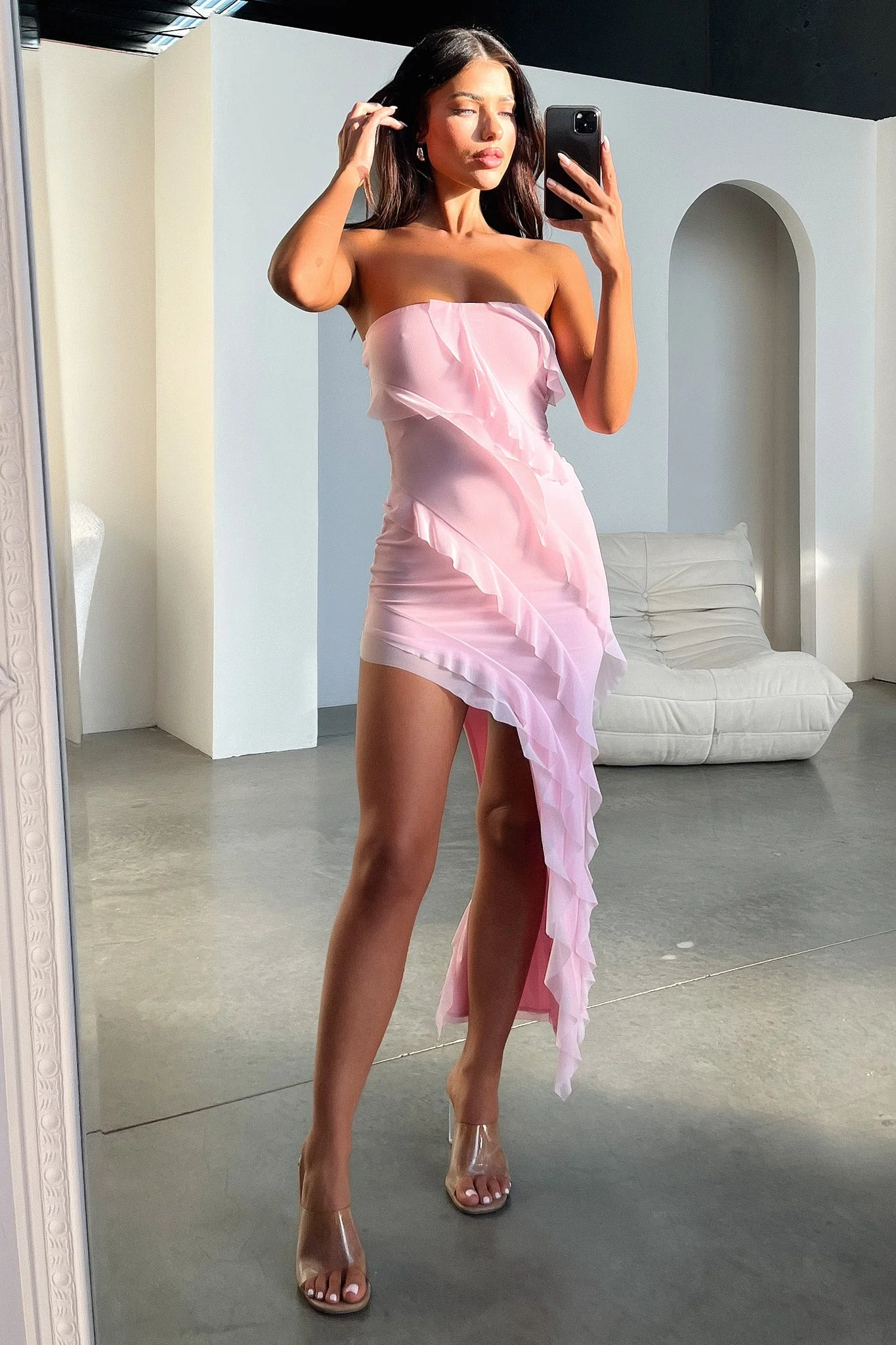 Jadore Strapless Ruffle Midi Dress - Pink - XNAUWBI