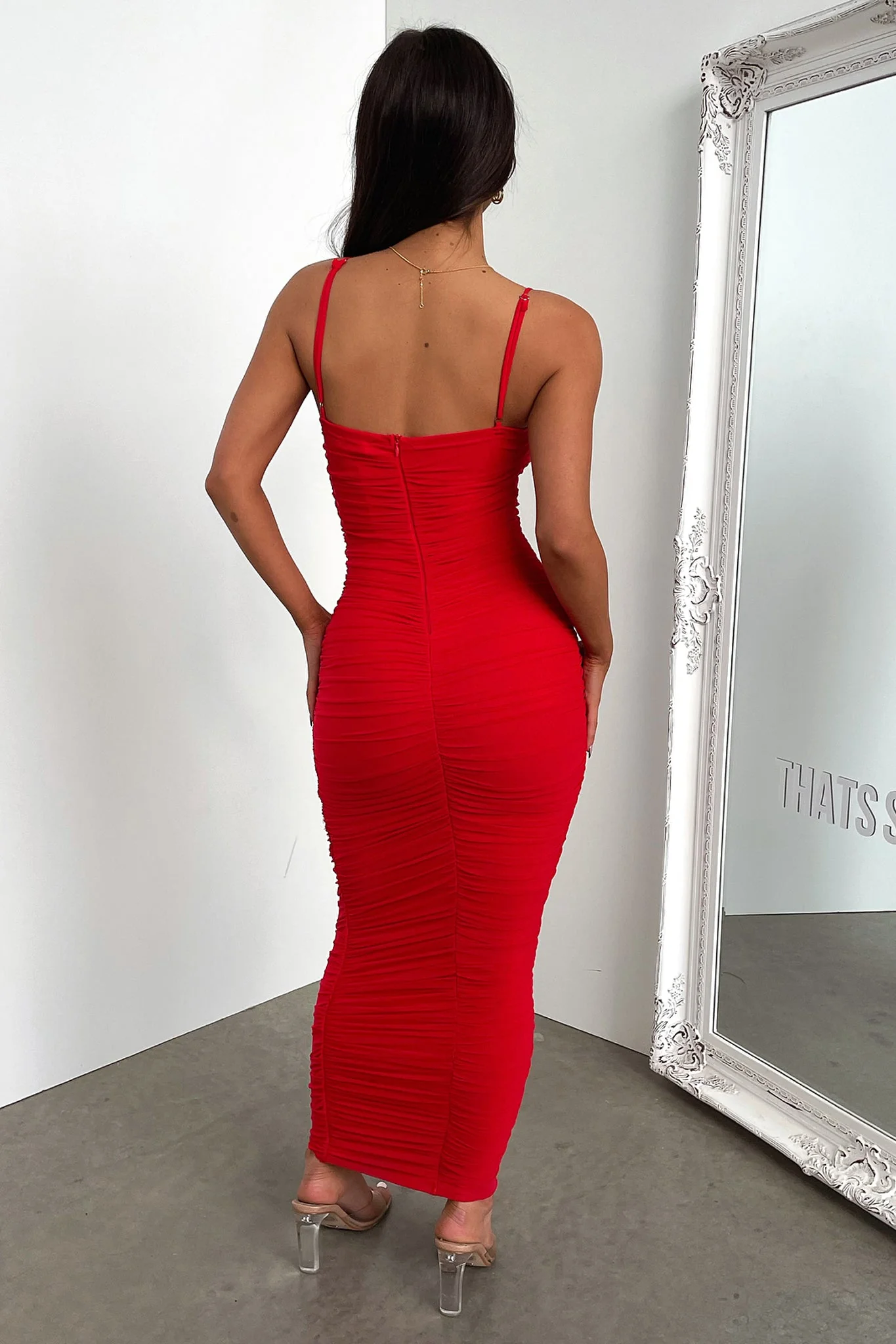 Zena Mesh Full Length Dress - Red - XNAUWBI