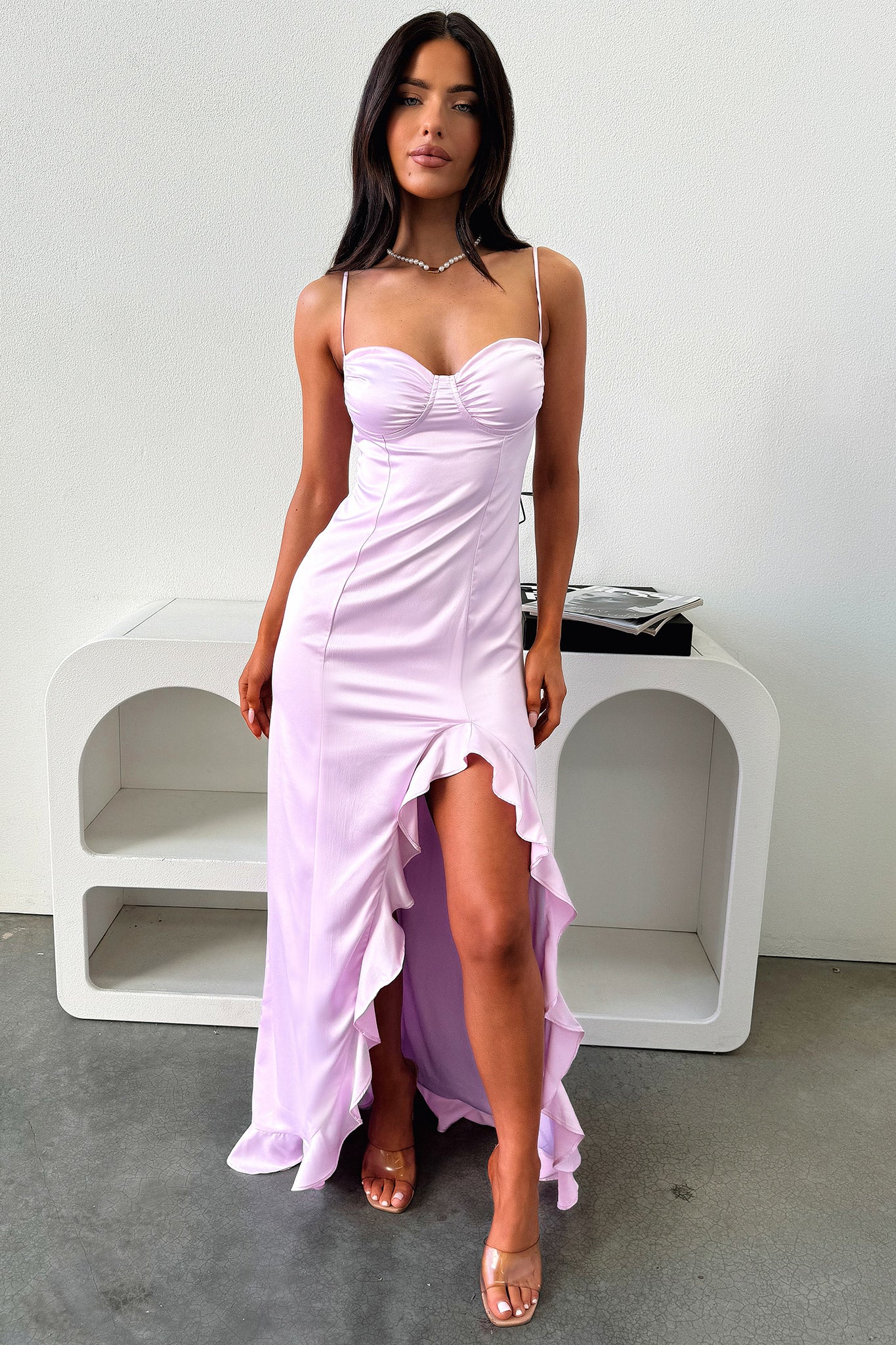 Lauren Ruffle Trim Satin Maxi Dress - Lilac - XNAUWBI