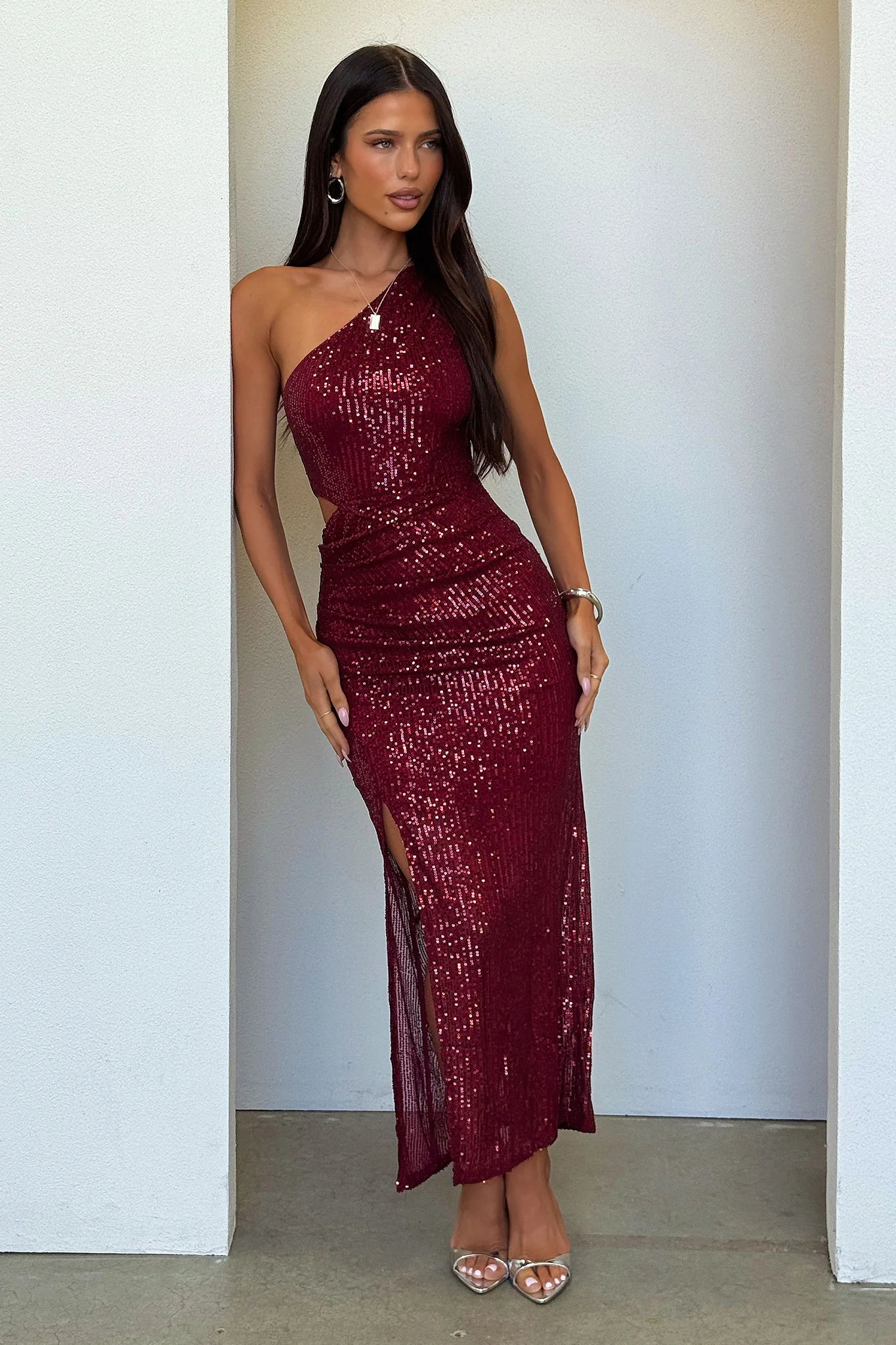 Dura One Shoulder Sequin Midi Dress - Burgundy - XNAUWBI