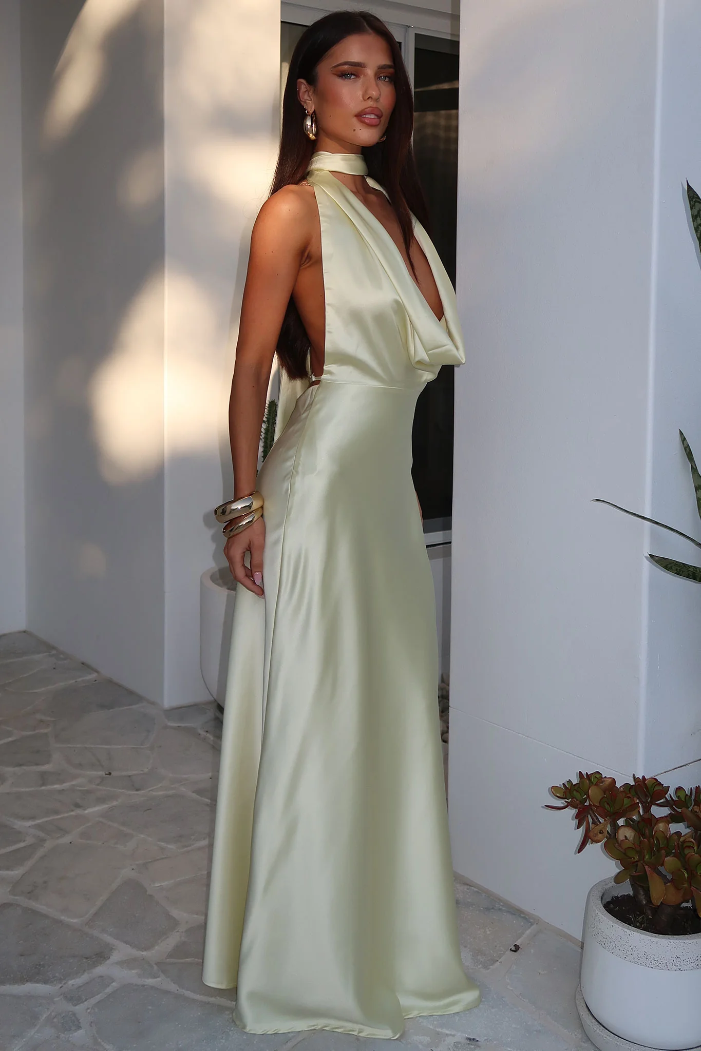 Zealand Plunge Halter Satin Maxi Dress - Yellow - XNAUWBI