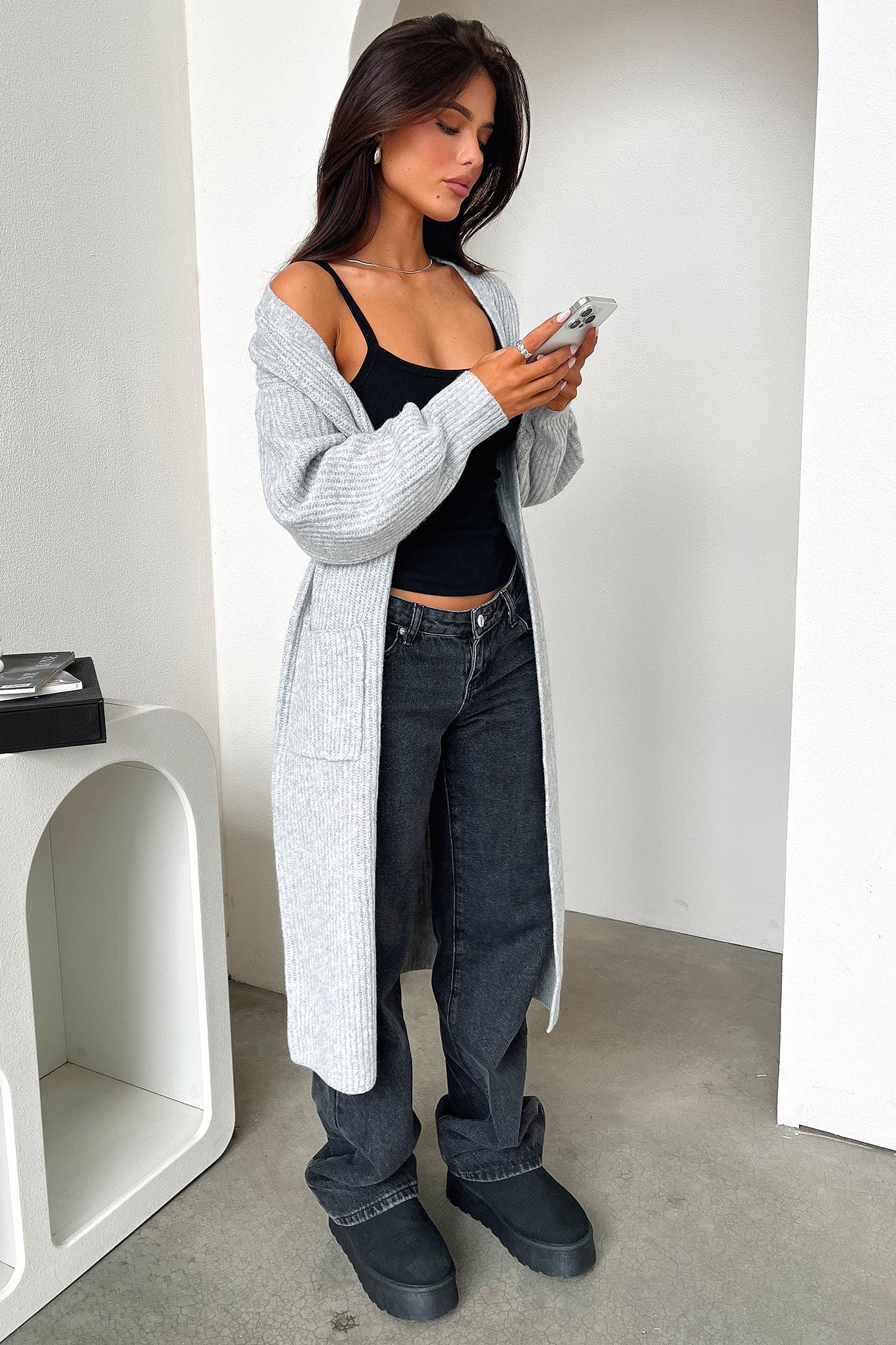 Arina Longline Knit Cardigan - Grey - XNAUWBI