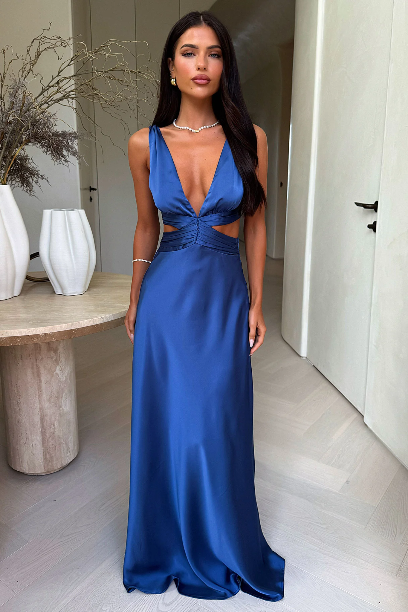Emeline V-Neck Satin Maxi Dress - Blue - XNAUWBI