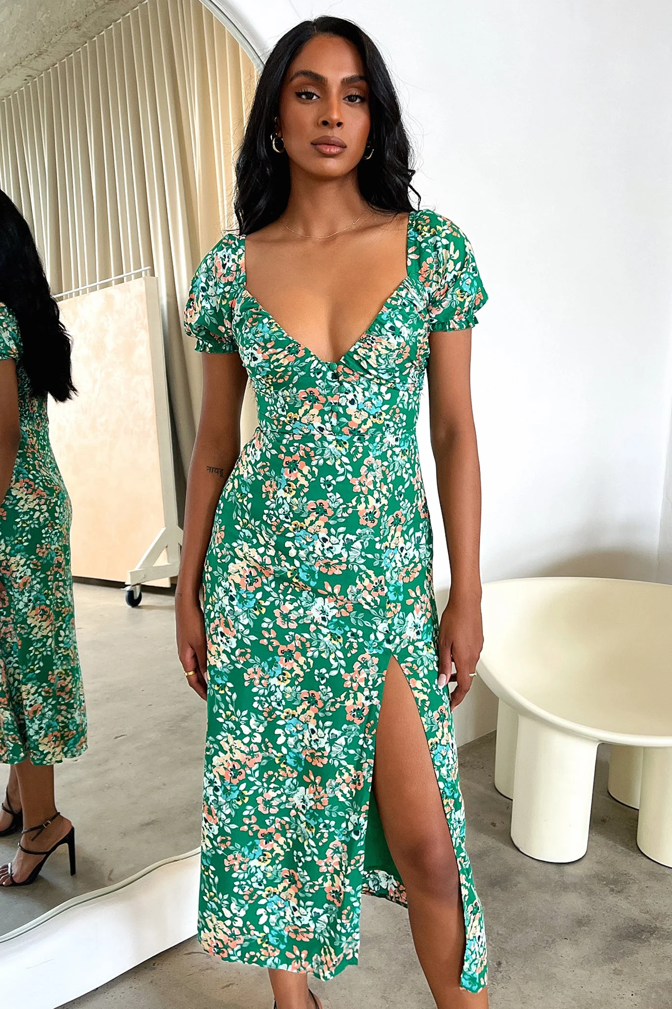 Solem Midi Dress - Dark Green Floral - XNAUWBI