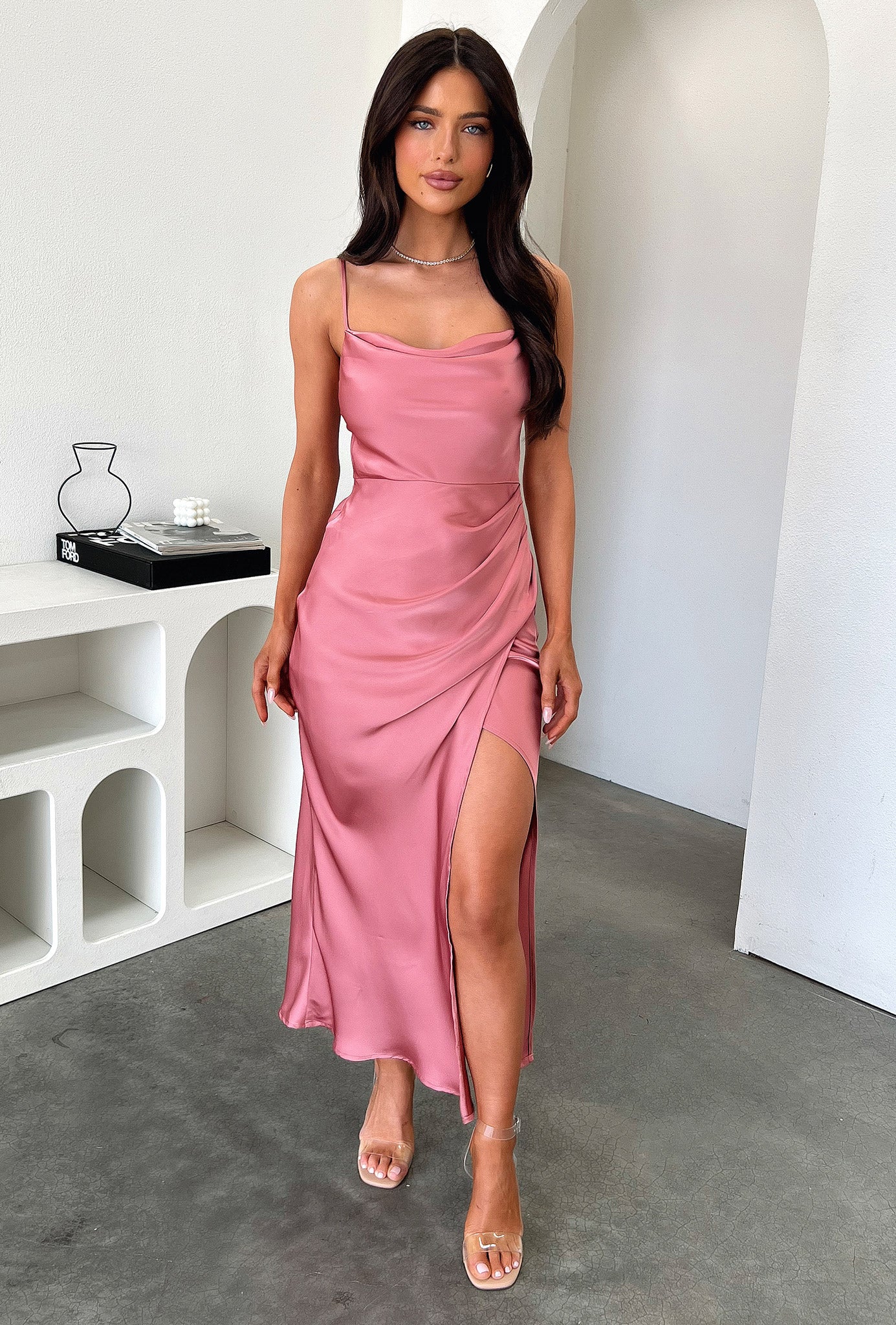 Evelyn Satin Cowl Neck Midi Dress - Rose - XNAUWBI