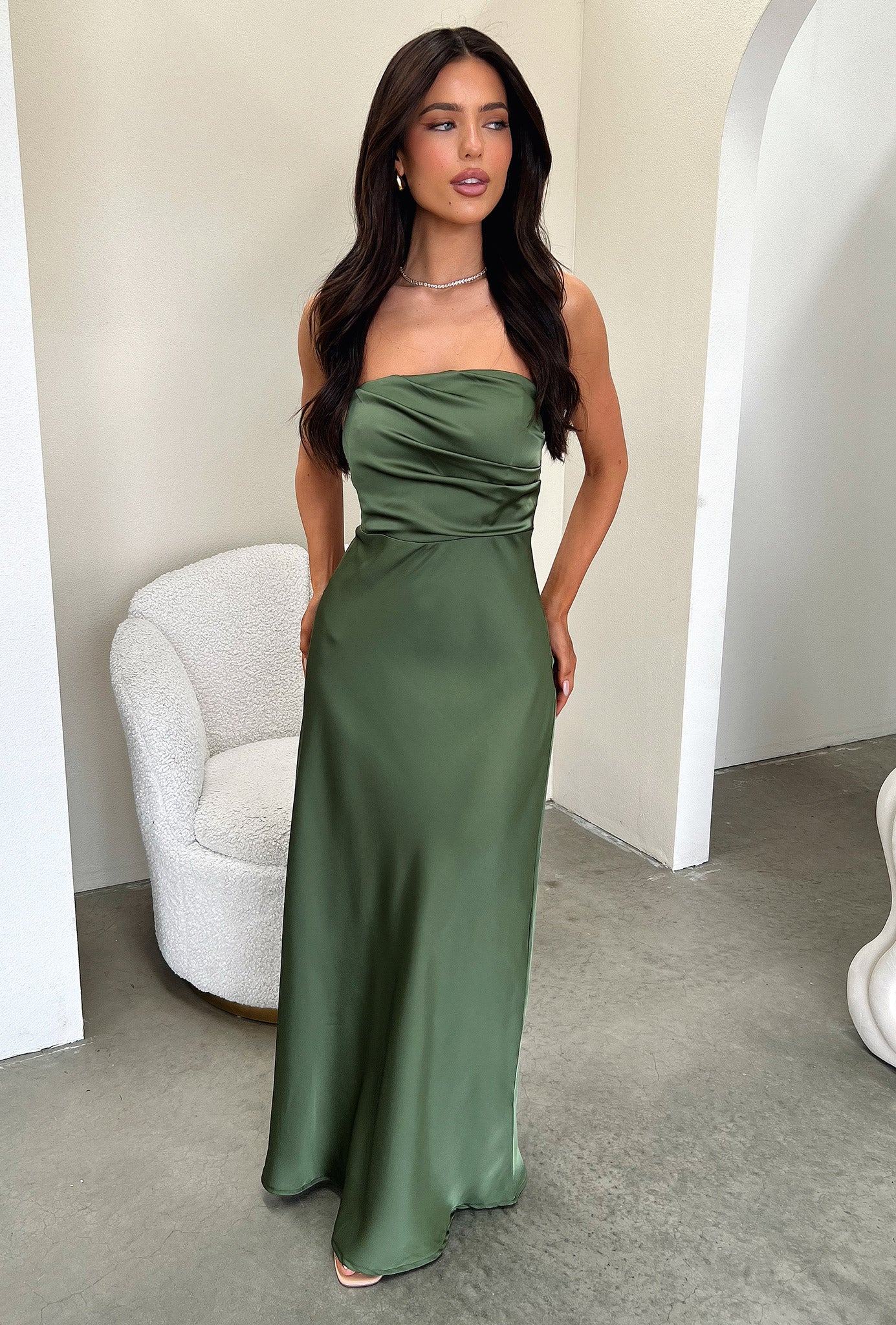 Elio Strapless Satin Maxi Dress - Olive - XNAUWBI