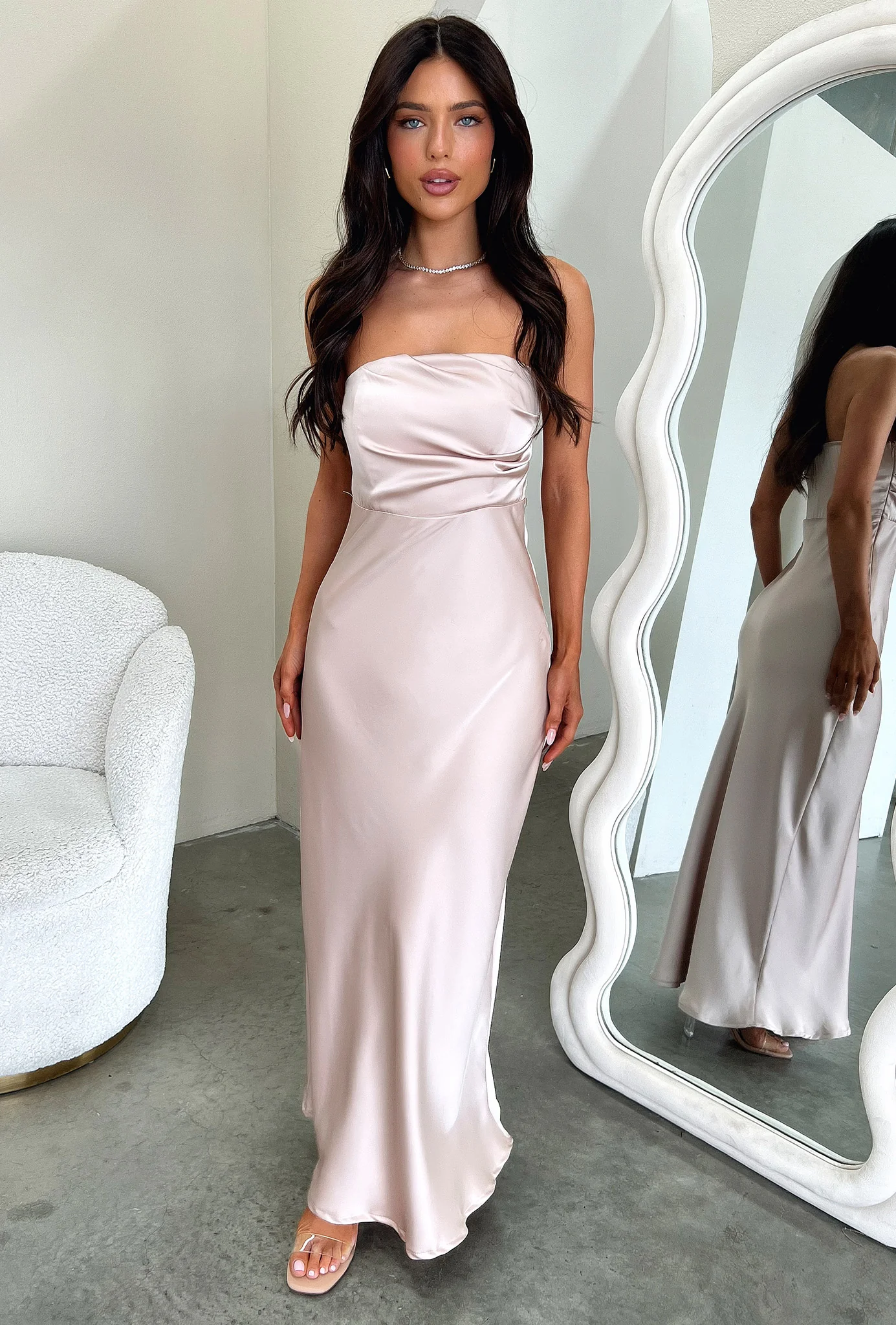 Elio Strapless Satin Maxi Dress - Champagne - XNAUWBI