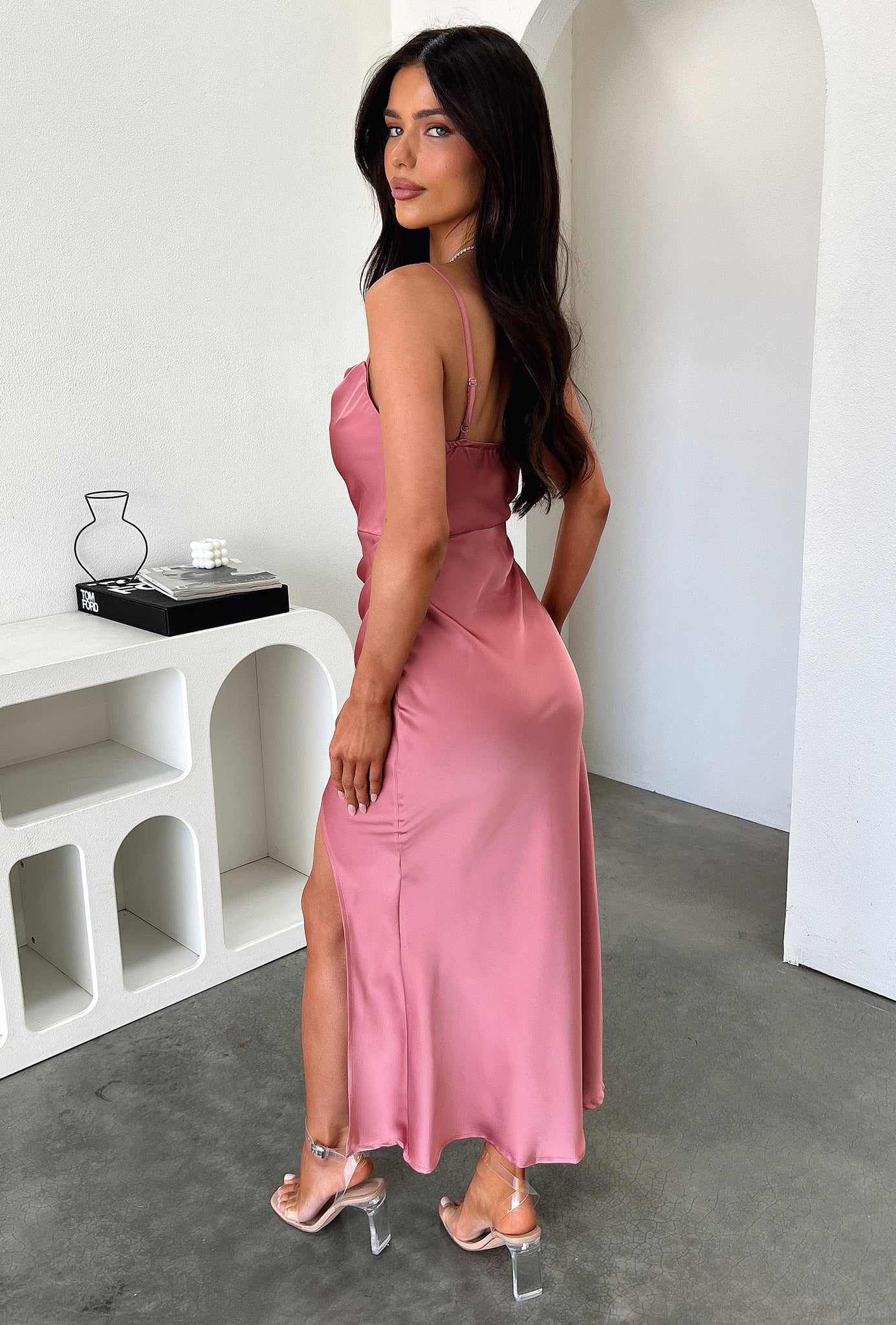 Evelyn Satin Cowl Neck Midi Dress - Rose - XNAUWBI