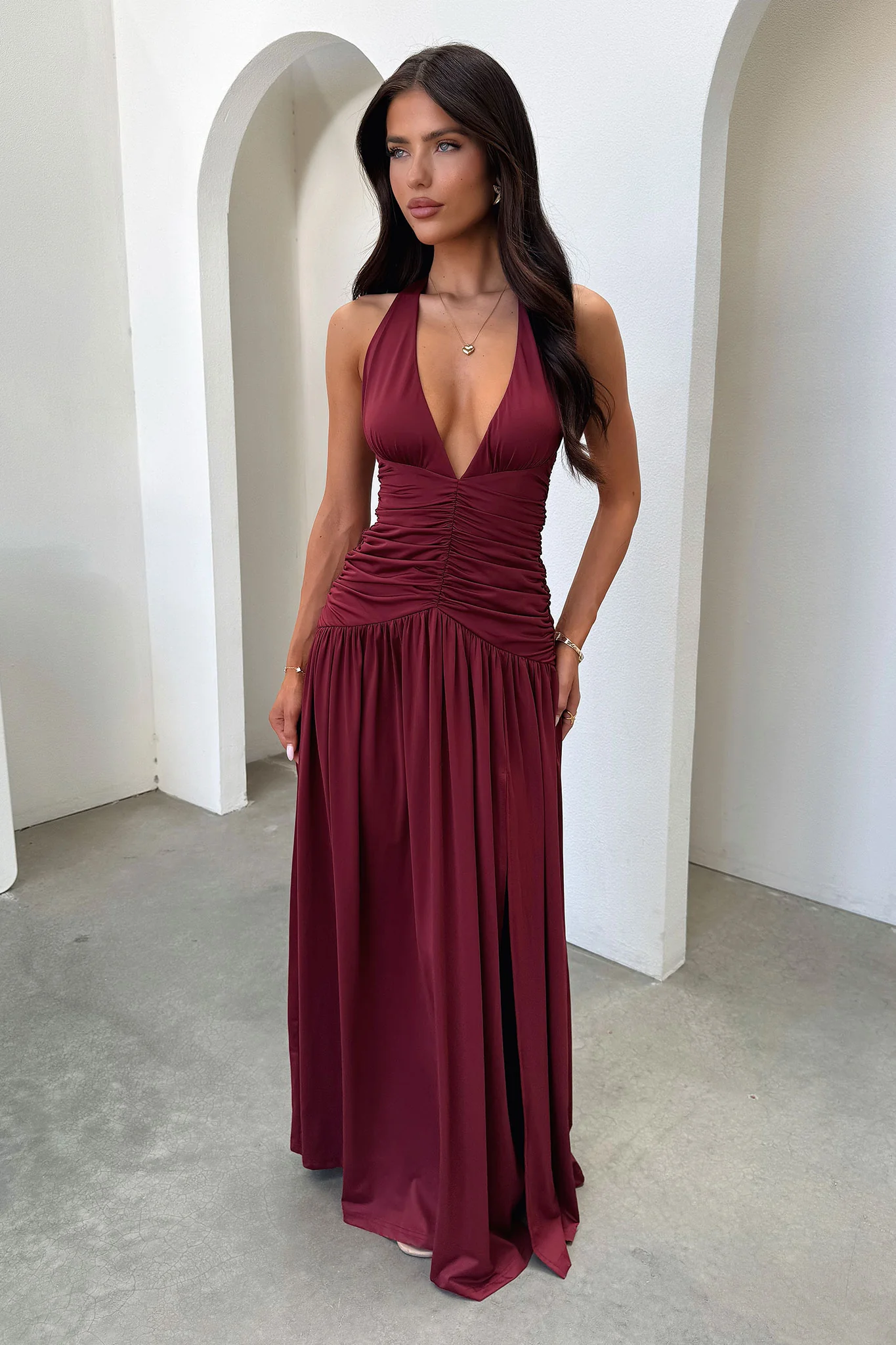Ginevra Ruched Halter Maxi Dress - Burgundy - XNAUWBI