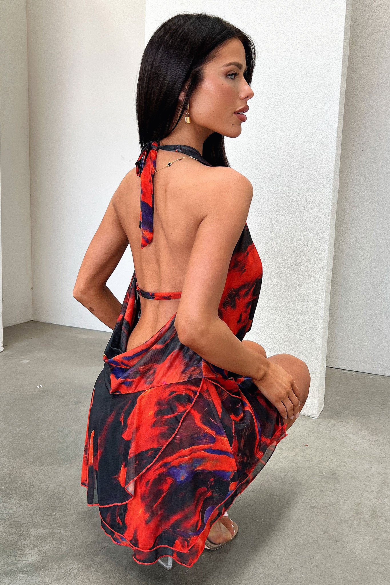 Cleo Plunge Cowl Neck Mini Dress - Black/Red - XNAUWBI