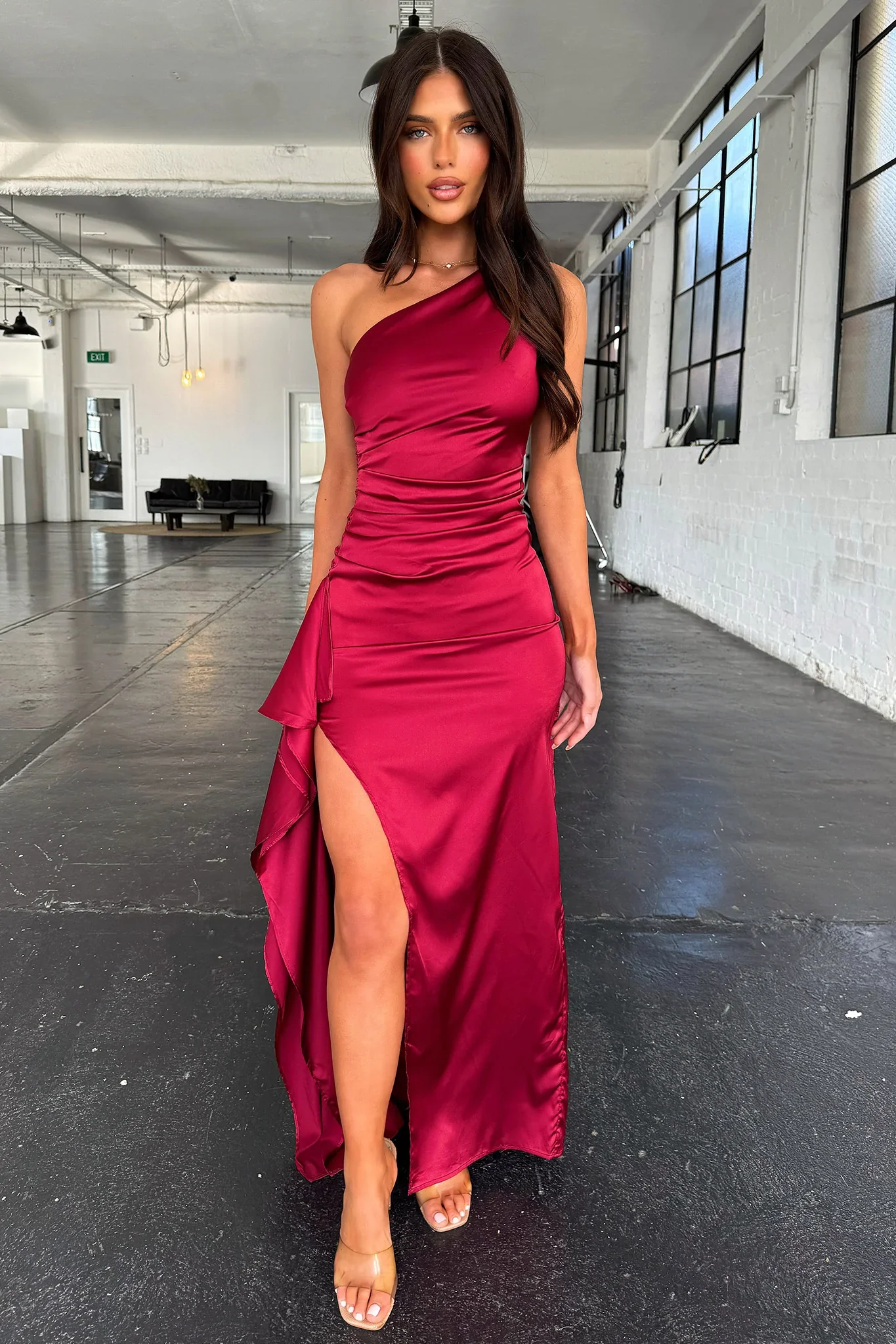 Elianna One Shoulder Satin Maxi Dress - Burgundy - XNAUWBI