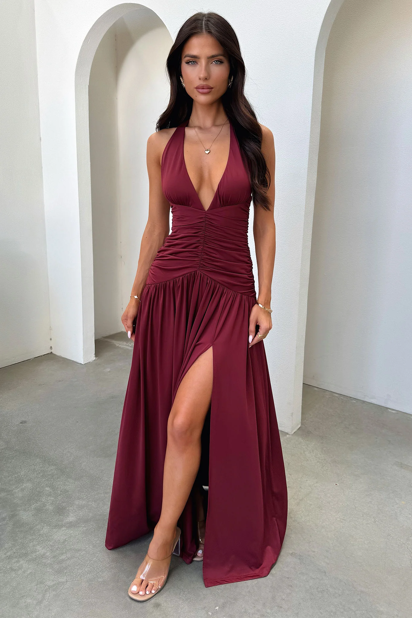 Ginevra Ruched Halter Maxi Dress - Burgundy - XNAUWBI