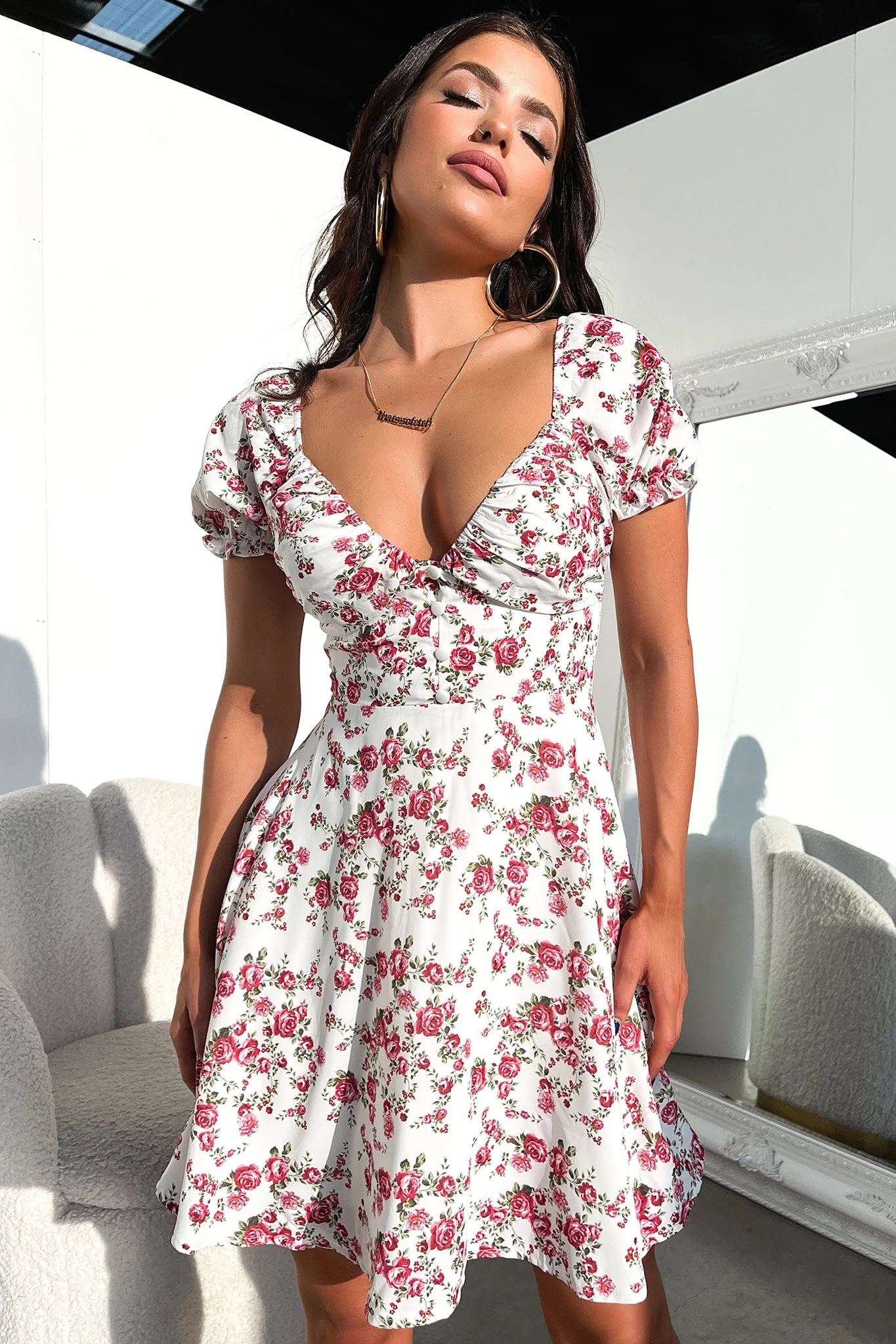 Solem Mini Dress - White / Rose Floral - XNAUWBI