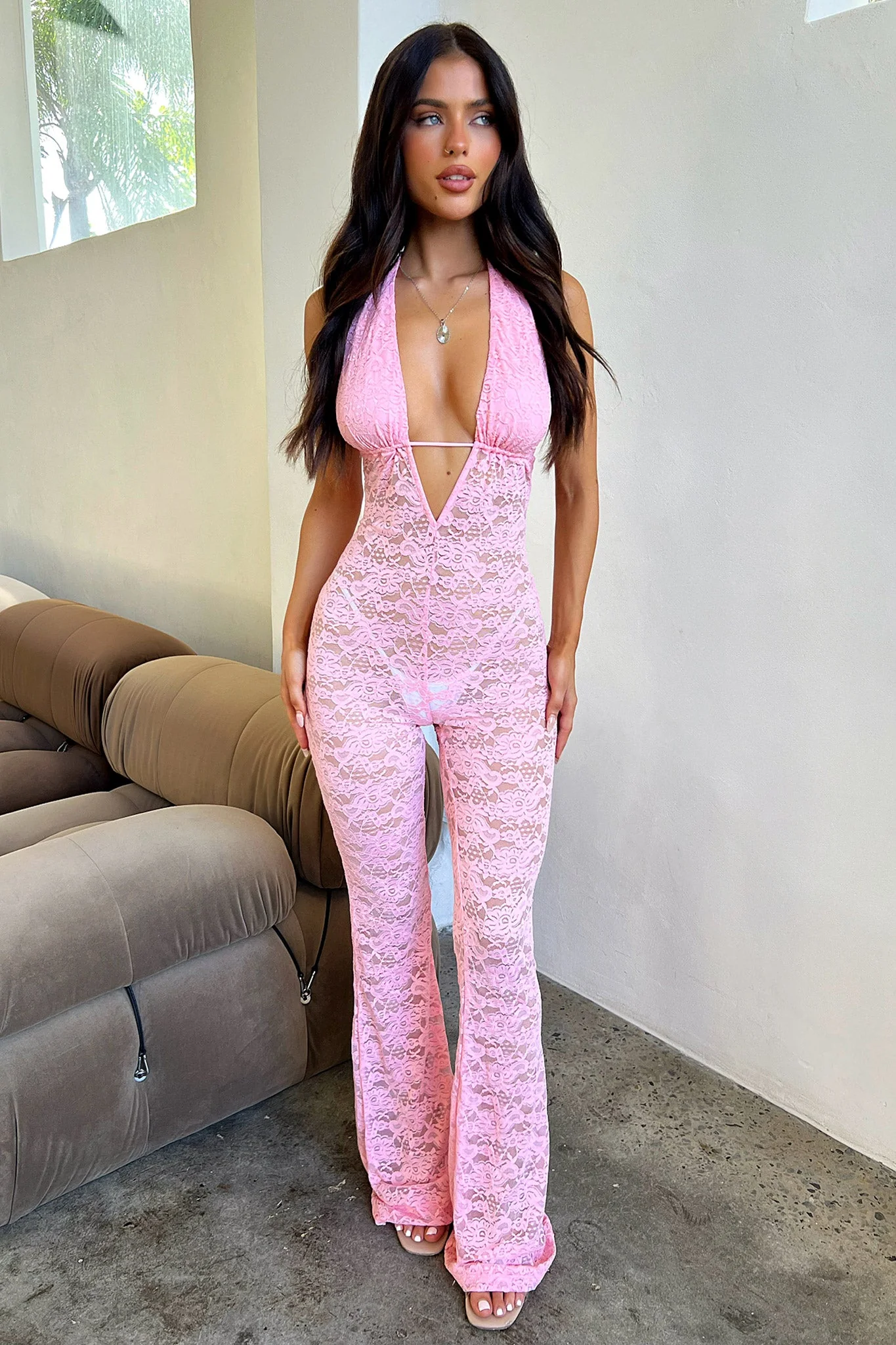 Nayla Lace Jumpsuit - Baby Pink - XNAUWBI
