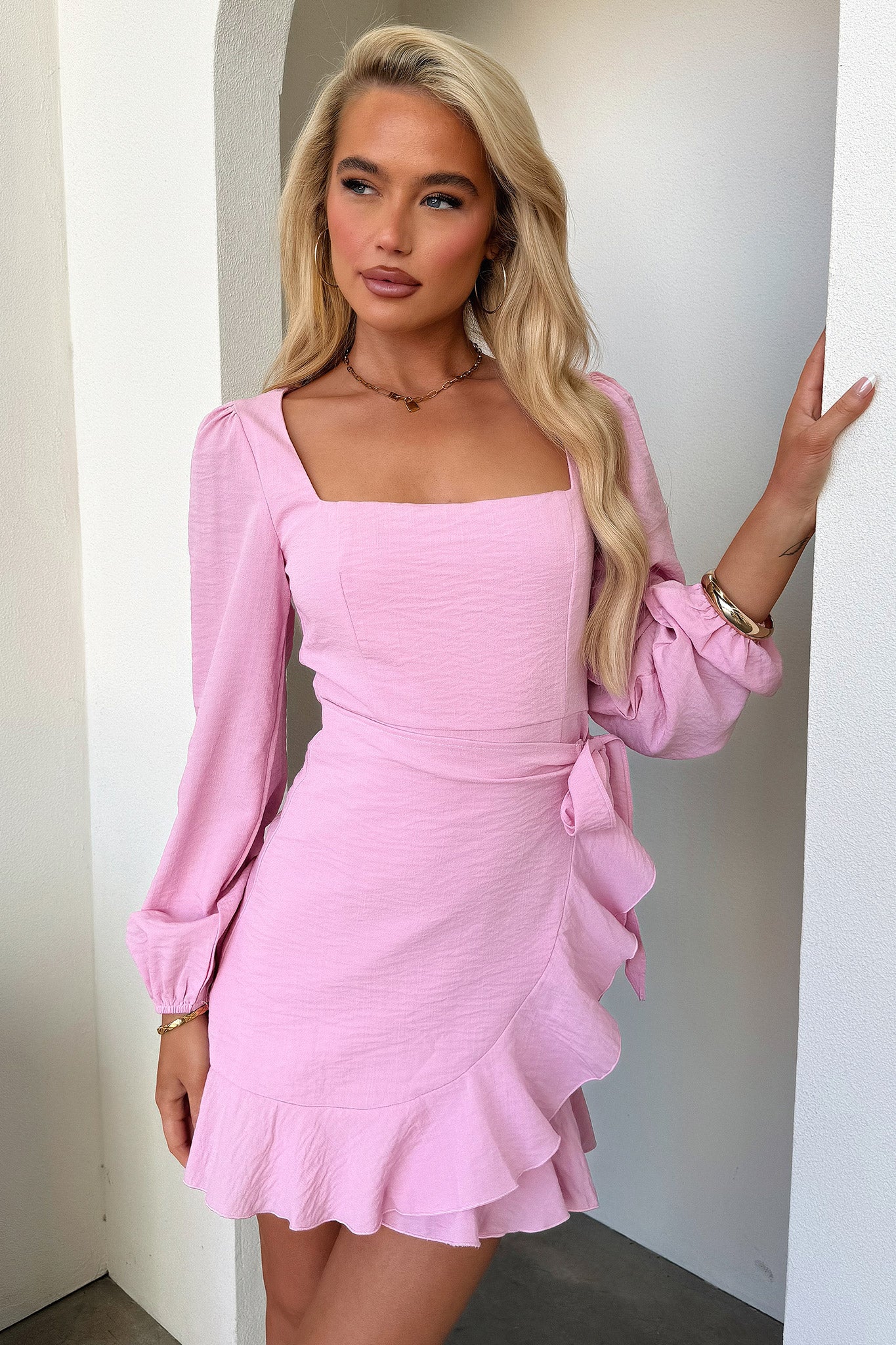 Silvana Long Sleeve Wrap Mini Dress - Pink - XNAUWBI