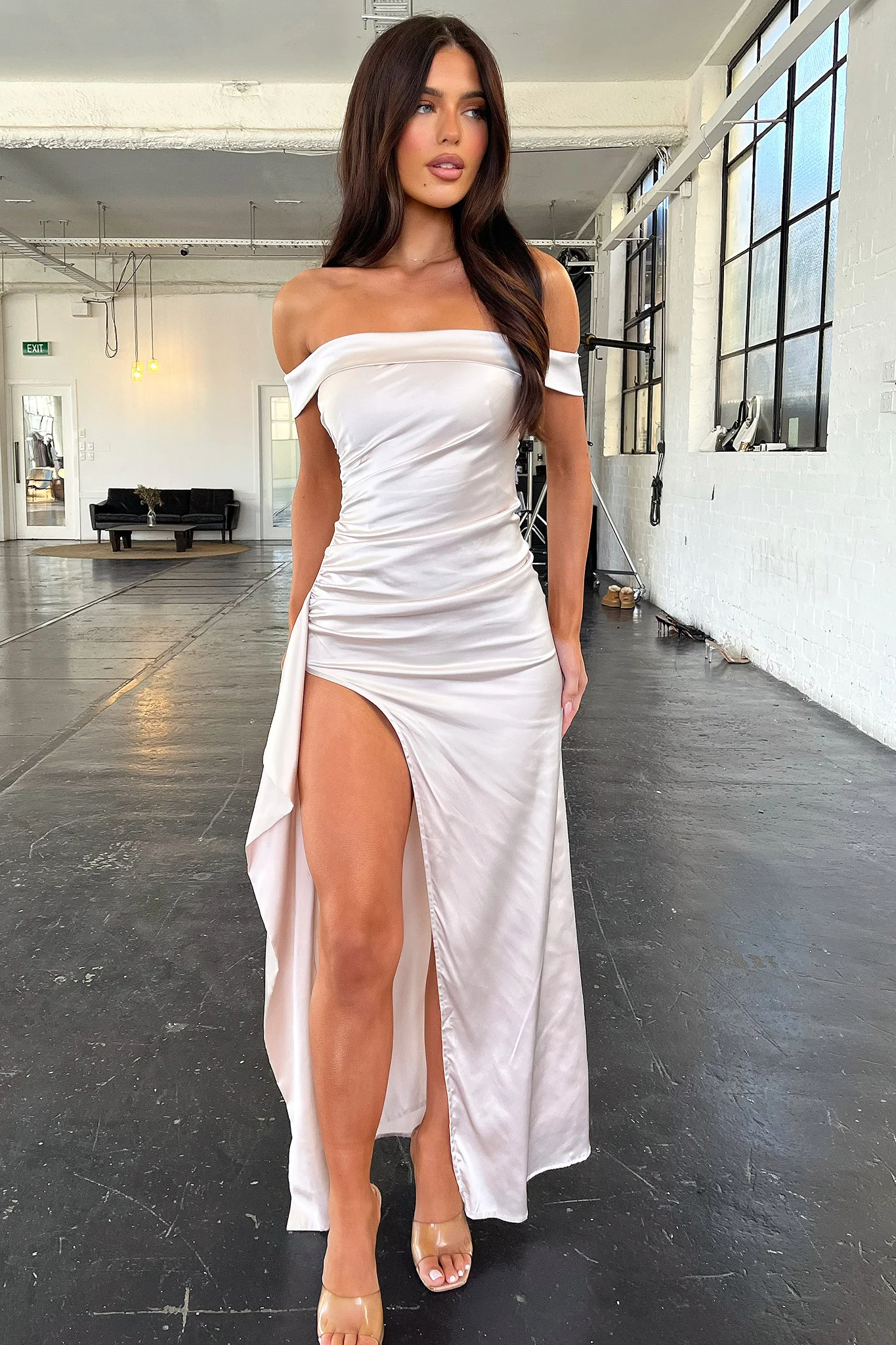 Saoirse Off Shoulder Satin Maxi Dress - Champagne - XNAUWBI